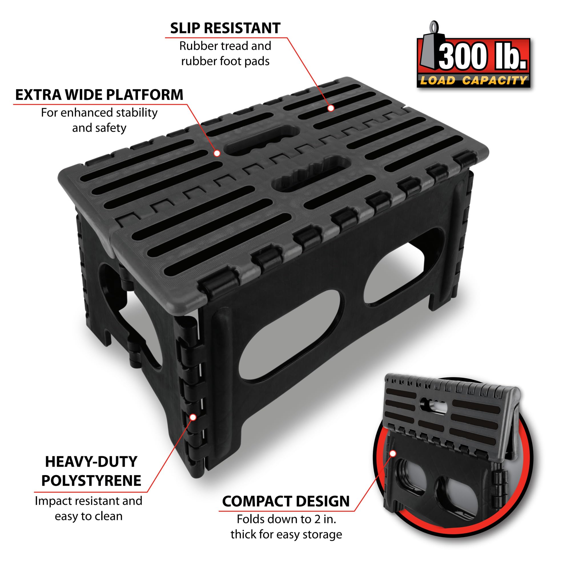 Heavy Duty Performance Tool W85041 Folding Step Stool with Non-Skid Platform, 15-inch Wide, 300 lb. Capacity, Easy to Store and Clean