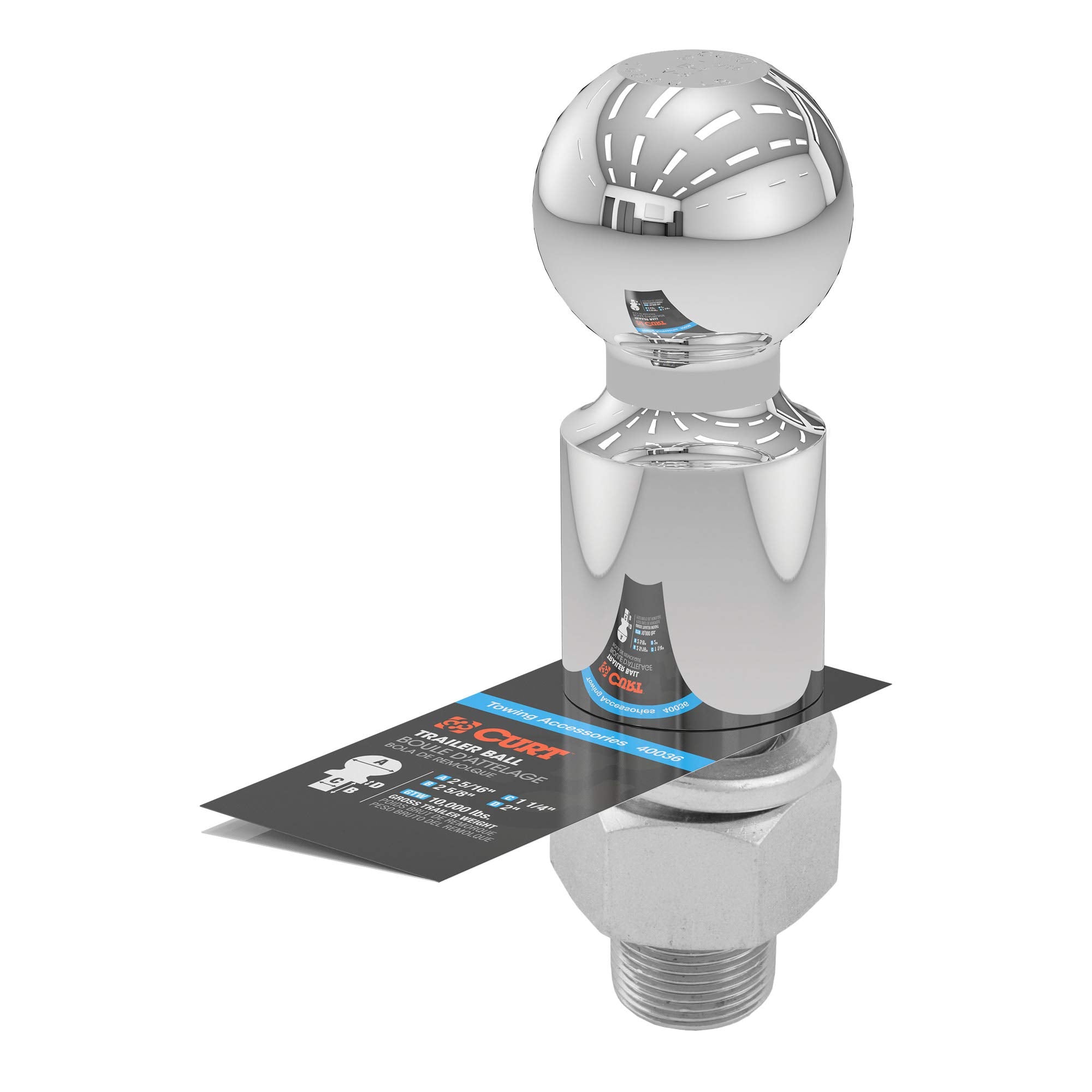 CURT 2-5/16-Inch Chrome Trailer Hitch Ball, 10,000 lbs, 2-Inch Rise, 1-1/4 x 2-5/8-Inch Shank