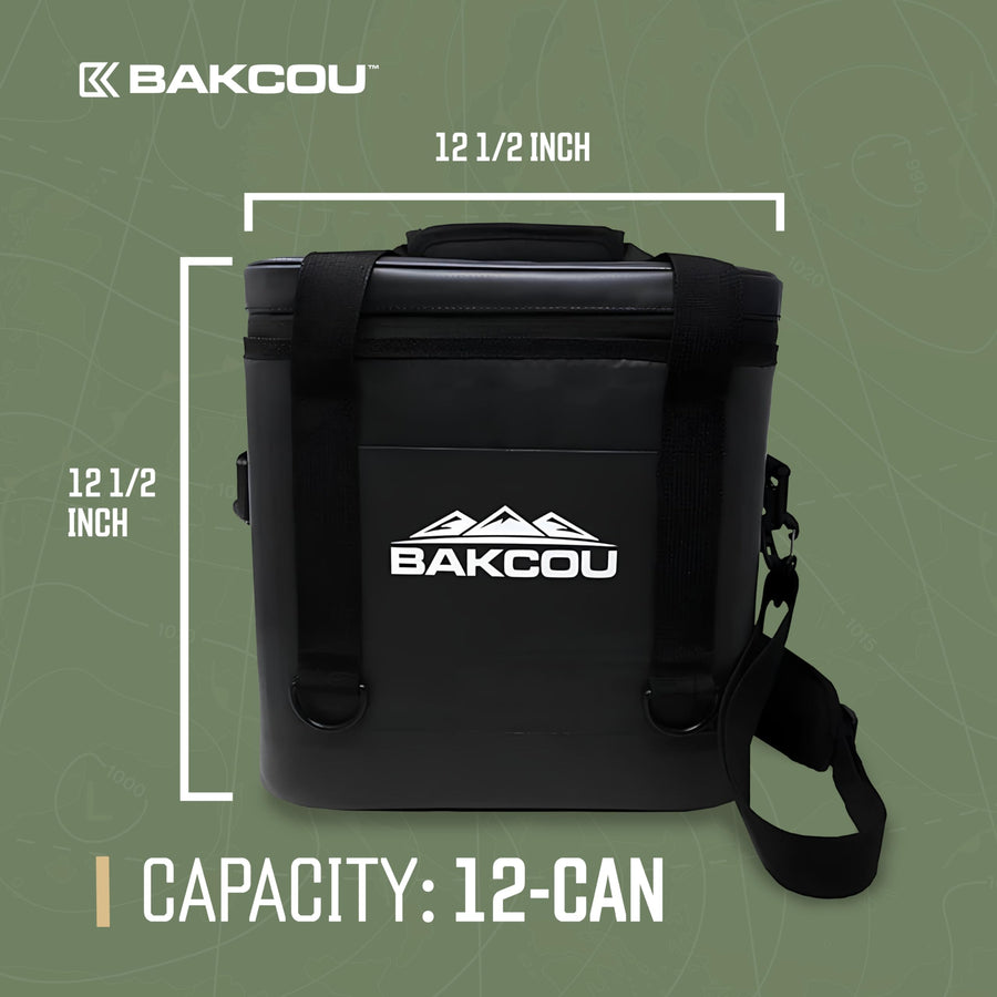 Soft-Sided Bakcou Insulated Cooler Bag - Lightweight, Leakproof, and Durable. 12-Can Capacity, Ideal for Drinks, Snacks, or Picnics. Keep Your Drinks Cold Measures - 12 1/2" Tall x 12 1/2" Wide.
