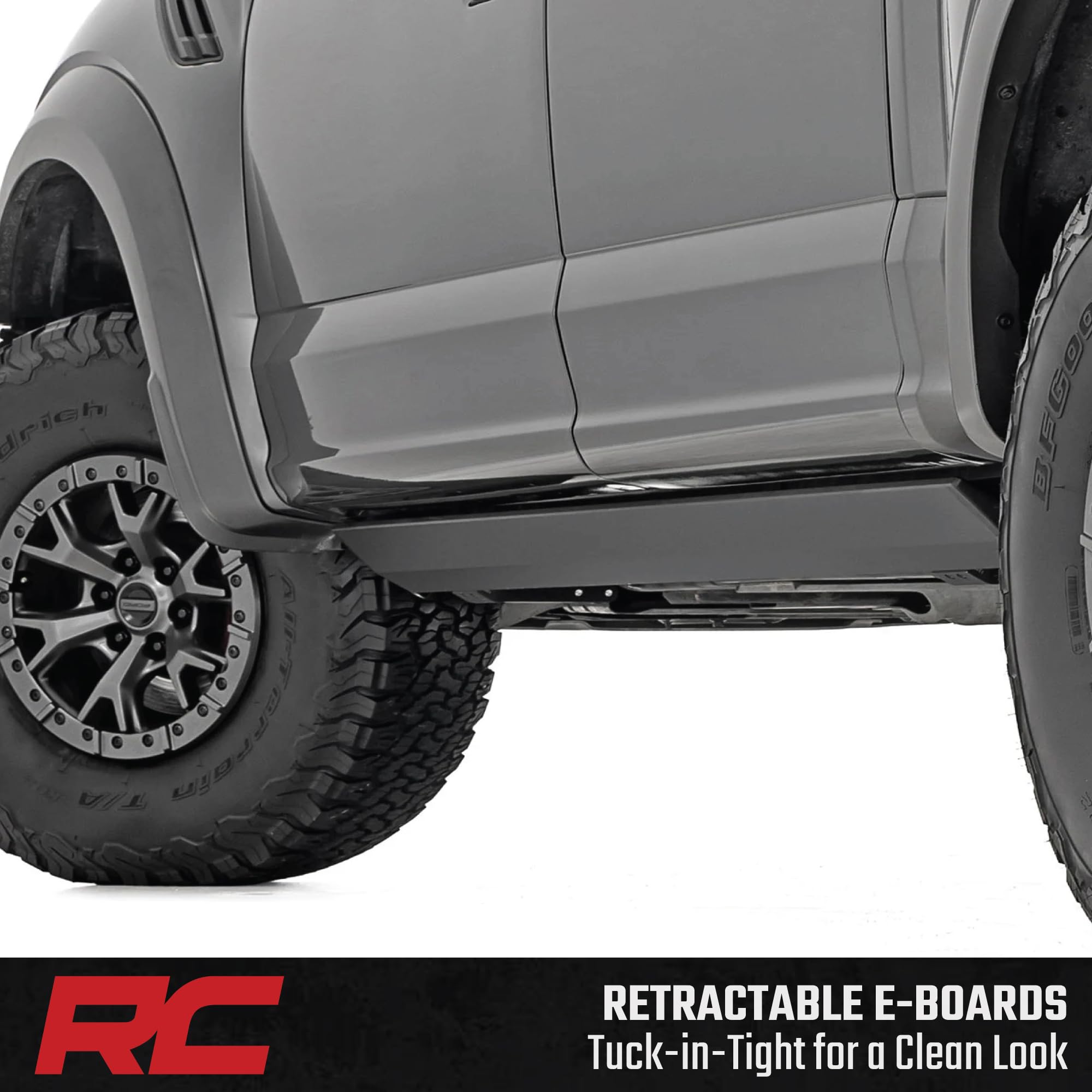 Rough Country Power Running Boards with LED Step Lights for Crew Cab Ford F-150 Lightning/F-250/F-350/Raptor (2015-2026) - Retractable Electric Side Steps, Non-Slip Aluminum Design