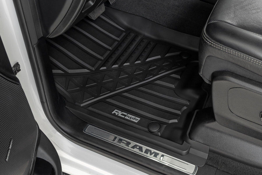 Rough Country Floor Mats Flex-Fit for Ram 1500 (2019-24)/1500 TRX (2021-24) Crew Cab - Front & Rear Set, Custom All-Weather Non-Slip TPE Liners with Spill Saver Lip