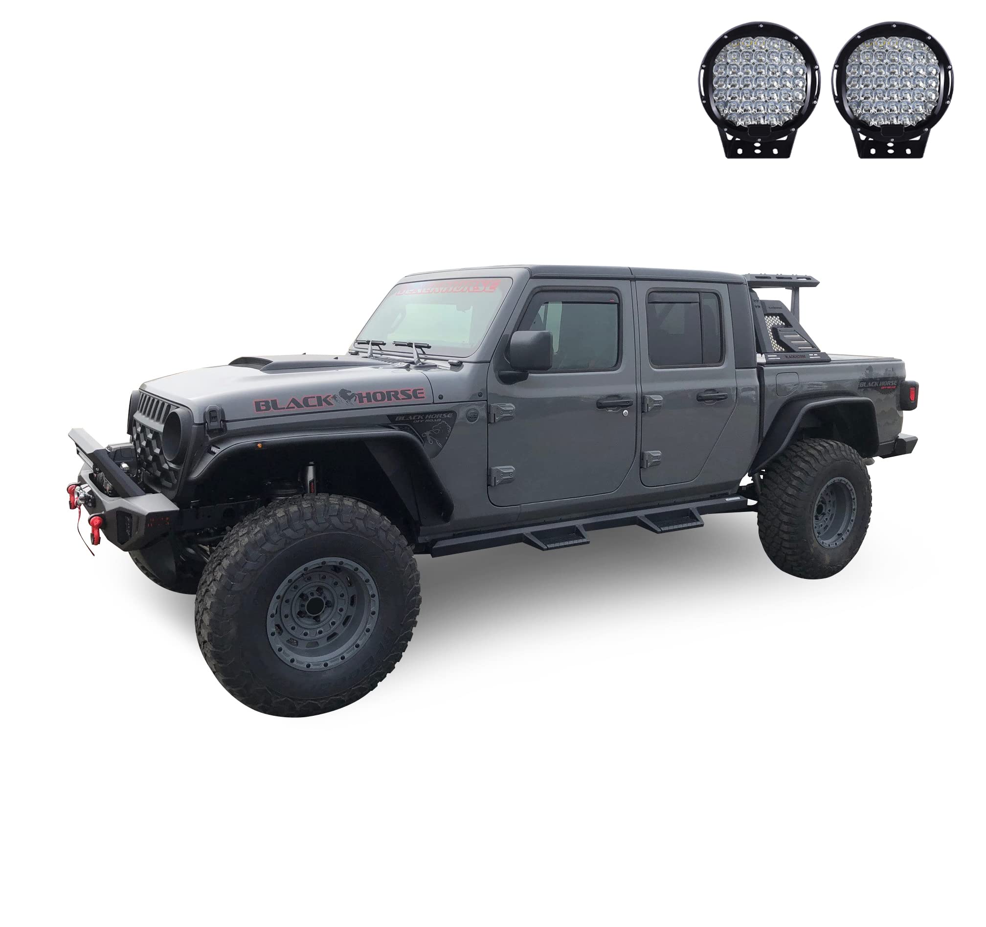 Armour II Black Horse Roll Bar W/Basket Incl.Set of 9 Black Round LED Light Compatible with 2019-2024 Jeep Gladiator-AR2-09BA3-PL69B