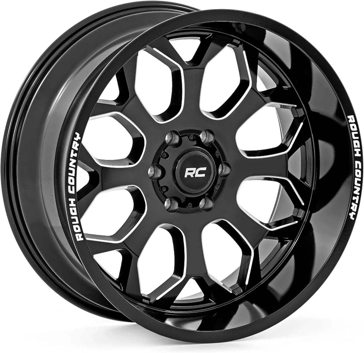 20x9 Rough Country One-Piece Aluminum Wheel, 6x5.5" Bolt Pattern, 12mm Offset - Gloss Black w/Milled Accents, 8-Spoke, Lightweight with Center Cap
