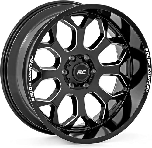 20x9 Rough Country One-Piece Aluminum Wheel, 6x5.5" Bolt Pattern, +0mm Offset - Gloss Black w/Milled Accents, 8-Spoke, Lightweight with Center Cap