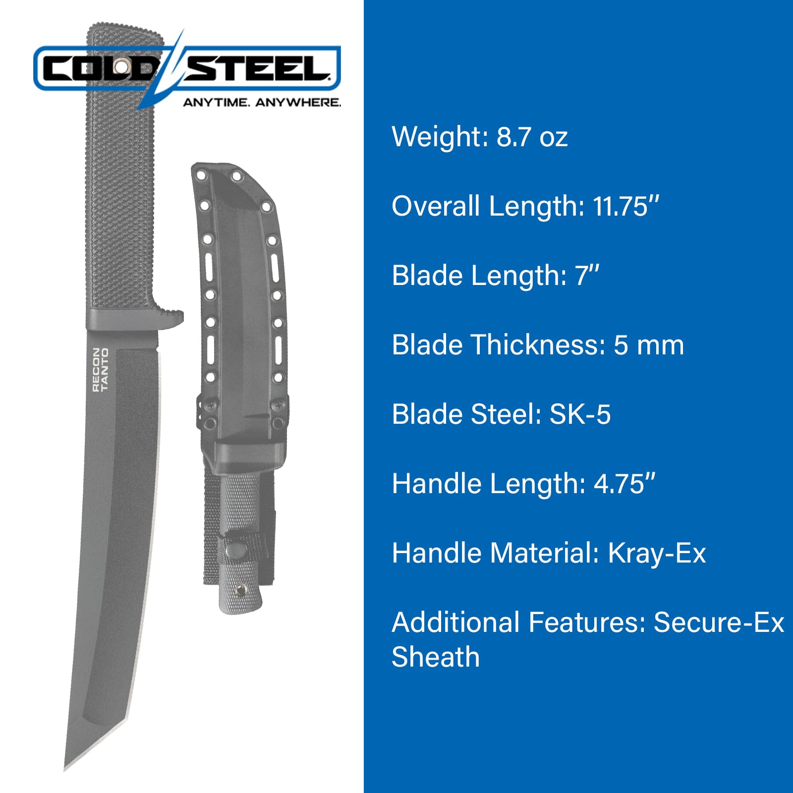 Recon Tanto COLD STEEL 7" SK-5 Razor-Sharp Blade 4.75" Kray-Ex Handle Military Tactical Fixed Blade Knife w/Secure-Ex Sheath
