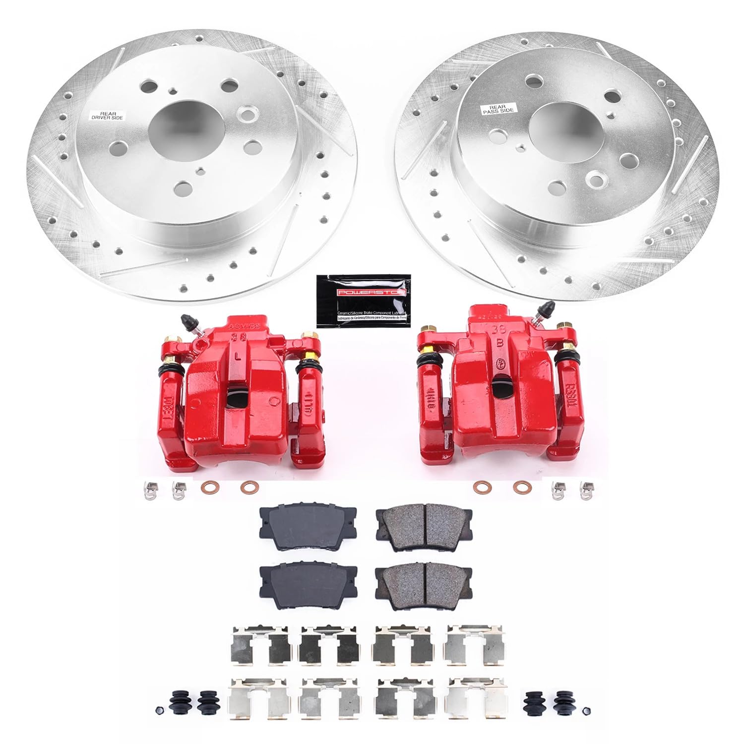 Power Stop Z23 Evolution Sport Rear Caliper Kit-Drilled/Slotted Rotors, Carbon Ceramic Brake Pads, Calipers