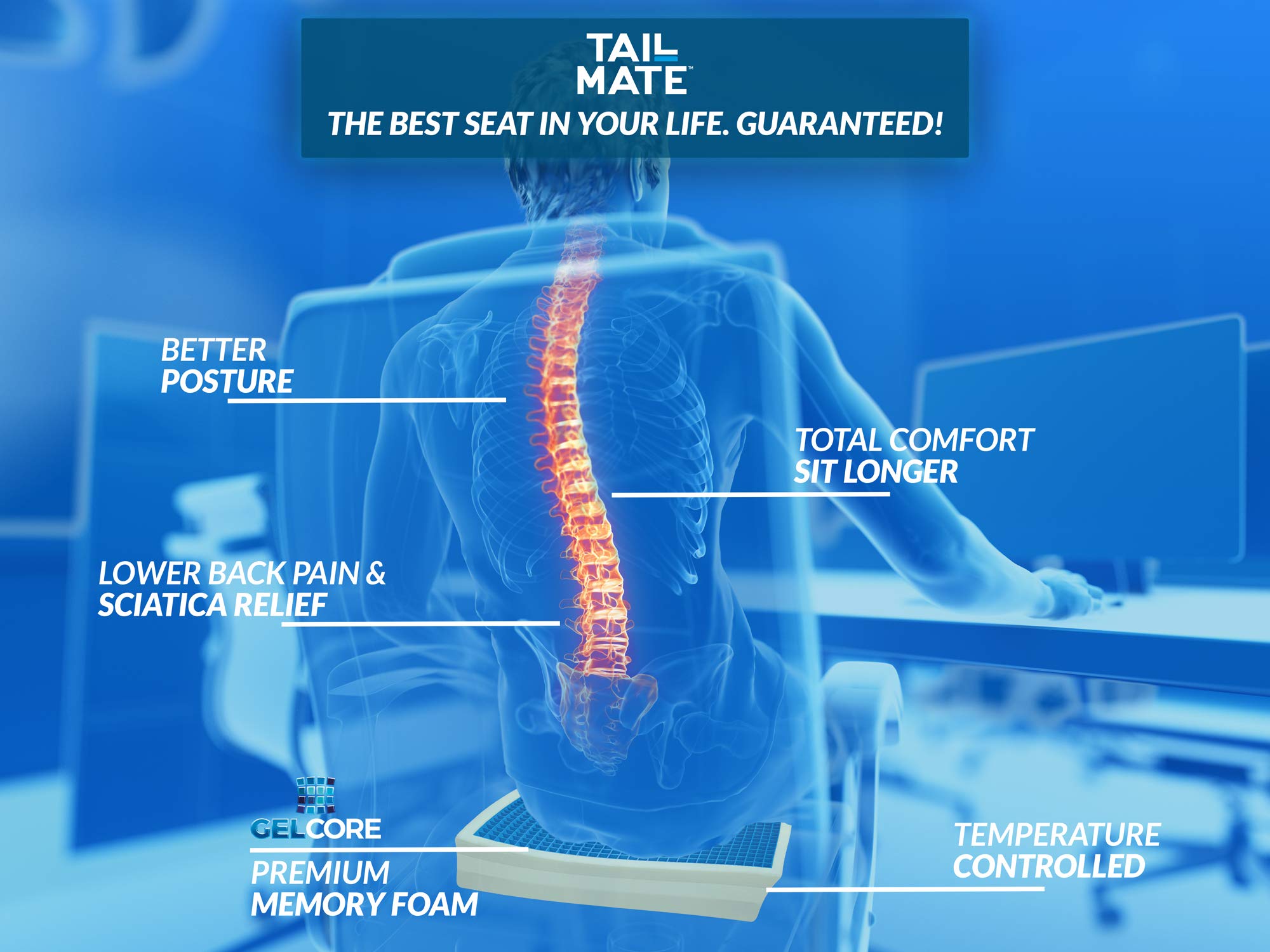 Gelcore Tail Mate Premium Seat Cushion – Non-Slip Gel Seat Cushion for Office Chairs, Car Seats, and More, Sciatica and Back Pain Relief