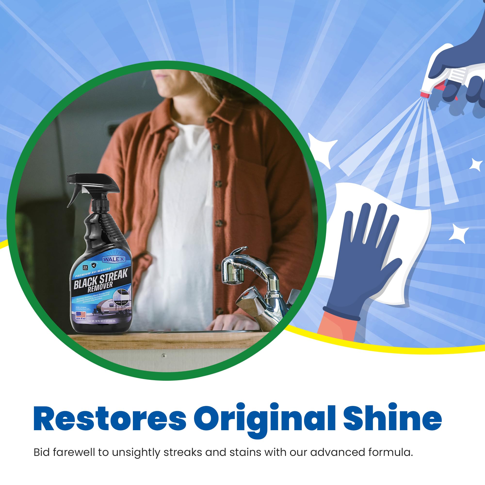 Walex RV/Marine Premium Black Streak Remover - Powerful Exterior Cleaner for RVs, Campers, and Boats, Restores Original Shine, Removes Tough Stains & Scuff Marks, Easy Application, 64 oz
