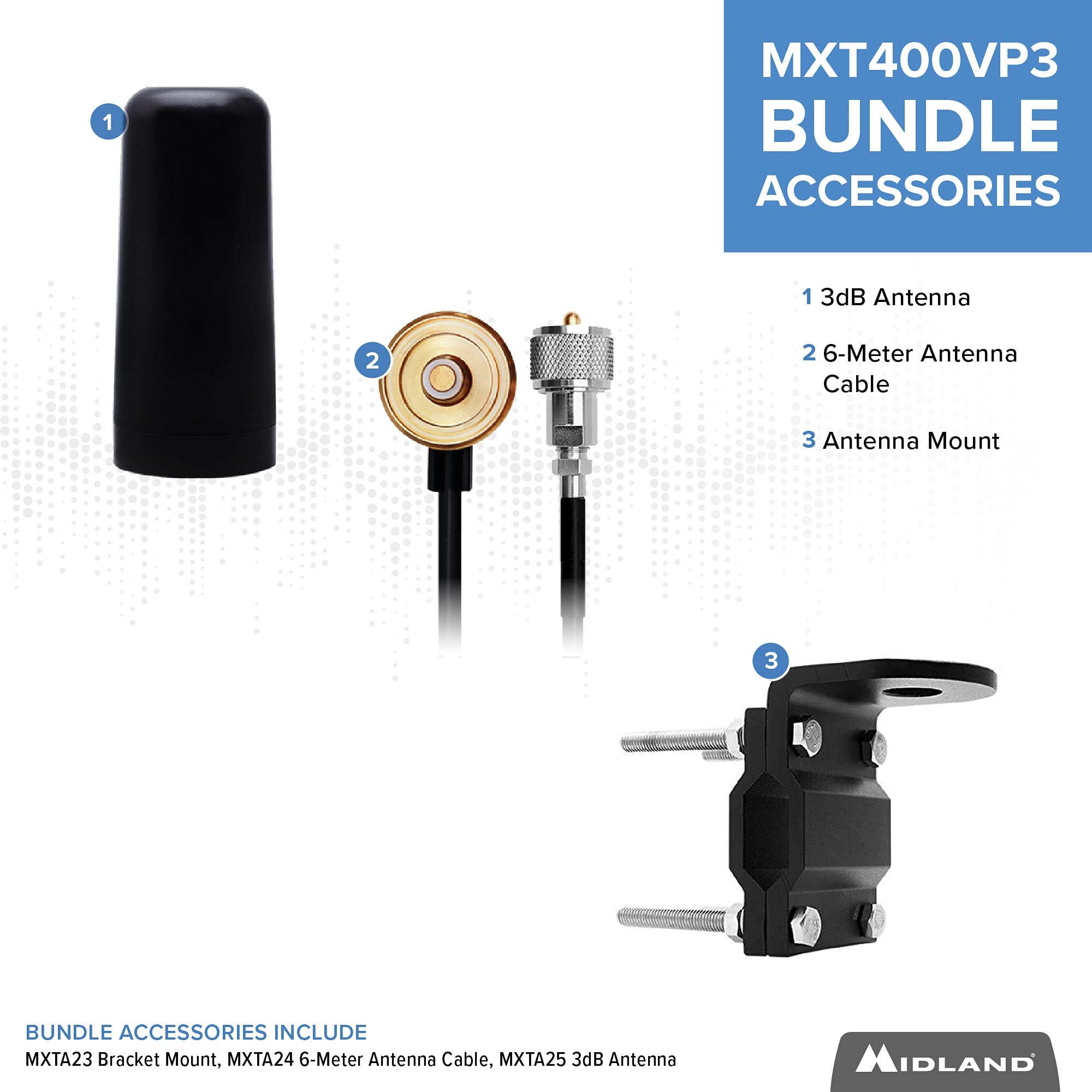 MXT400VP3 Midland – 40 Watt GMRS MicroMobile Two Way Radio - Off Roading Outdoor Boat Ranches Tractors Radio - 8 Repeater Channels - Antenna Mounting Bracket Antenna Chord, 3dB Gain Ghost Bundle