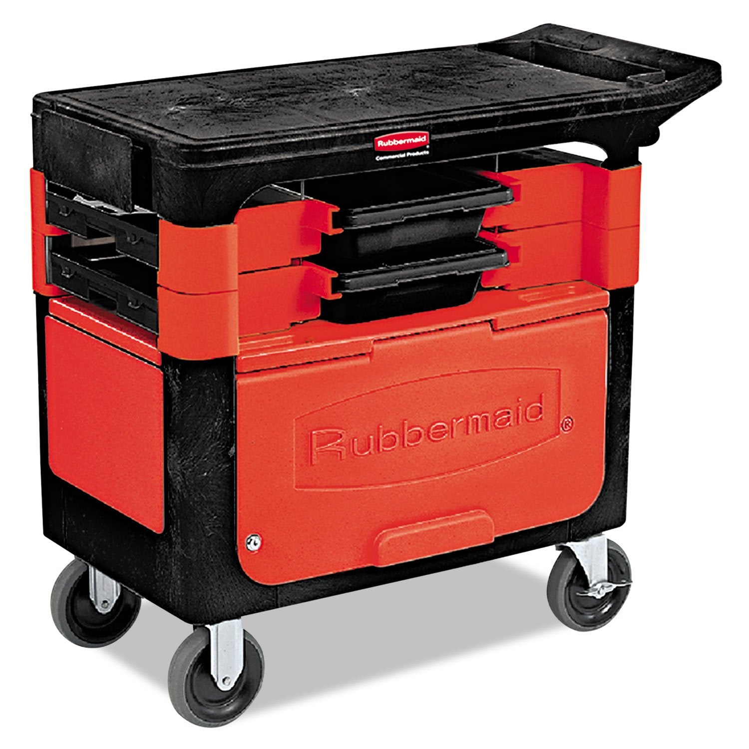 Rubbermaid Commercial Products Utility Cart Trades Tool Locking Cabinet with 2 Parts Boxes and 4 Parts Bins 330 lb. Capacity 5" Casters Black for Warehouse/Garage/Cleaning/Maintenance
