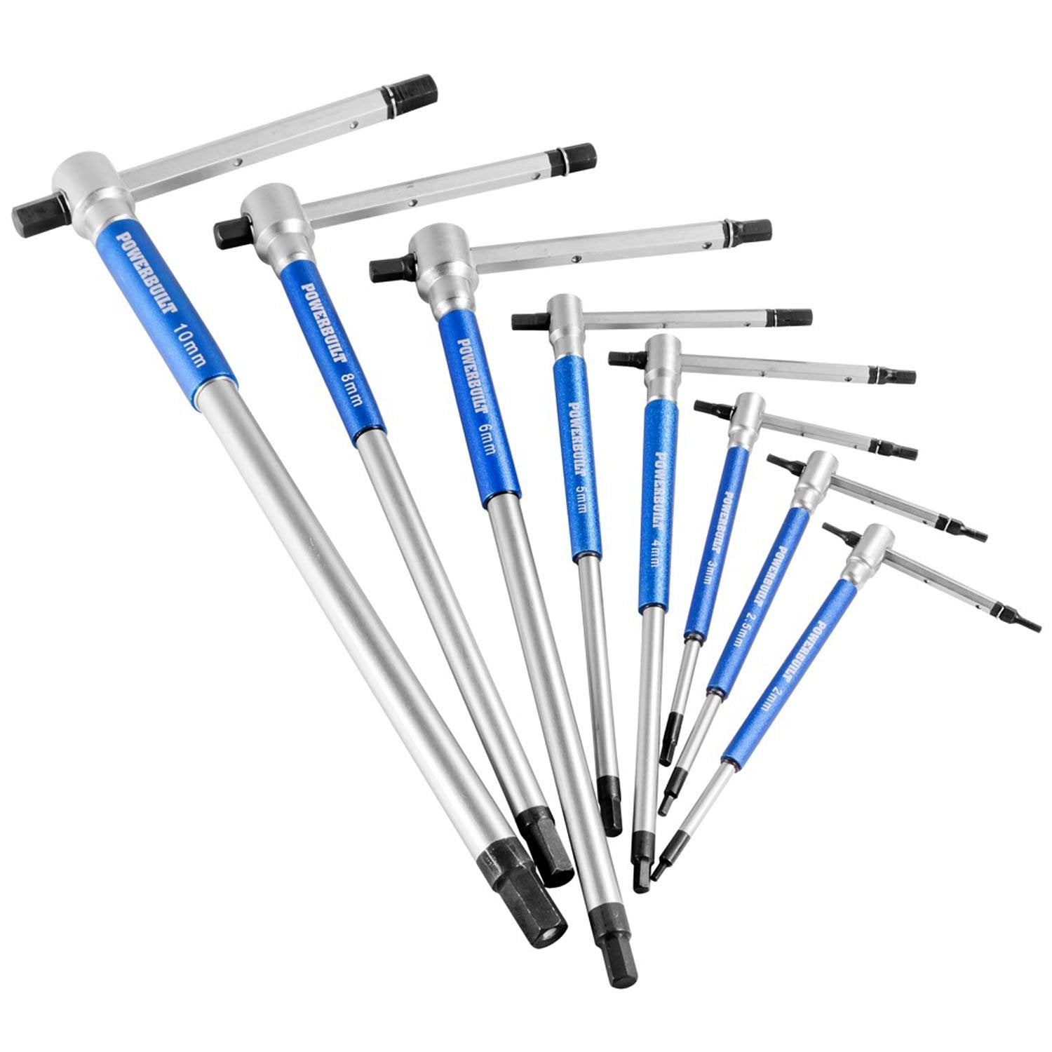 8 Pc Powerbuilt Metric T-Handle Hex Allen Key Wrench Set with Storage Rack, 941645, Silver