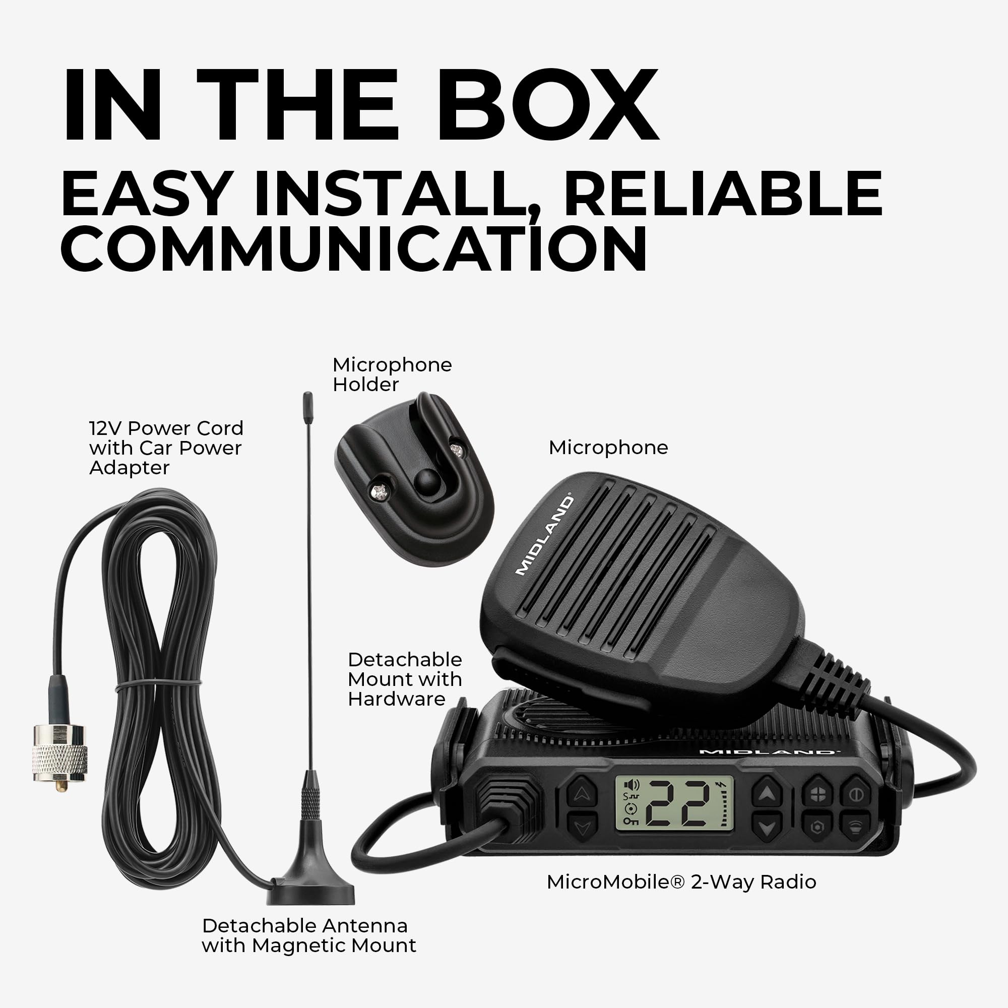 MXT105 - Midland 5 Watt GMRS MicroMobile Two Way Radio - Off Roading Outdoor RZR Farm Trails Radio - External Magnetic Mount Antenna - NOAA Weather Alerts