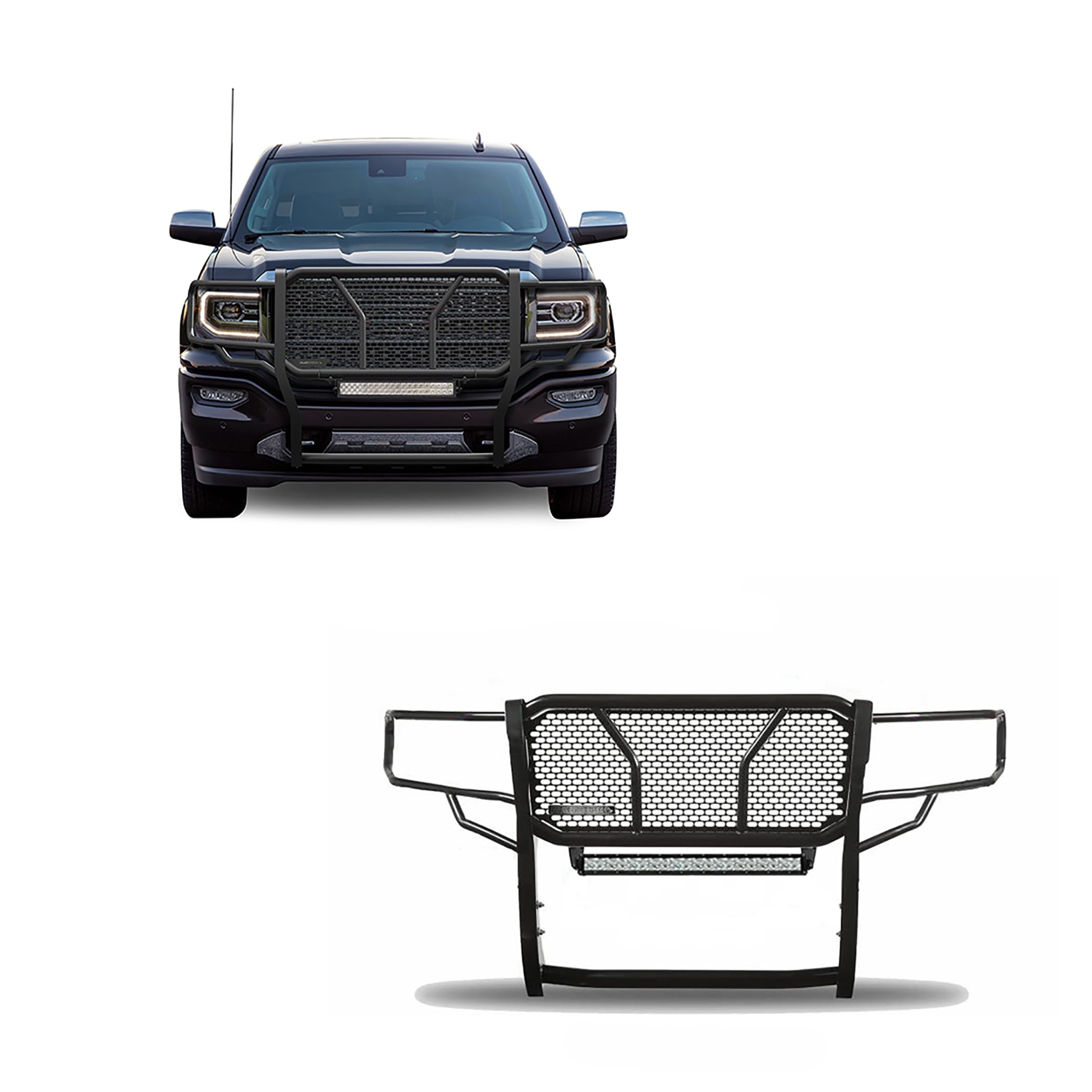 Heavy Duty Black Horse RUGGED Grille Brush Bumper Guard Modular Black Come with 20" Double Row LED Light Compatible with 2014-2018 GMC Sierra 1500|2019-2022 GMC Sierra 1500 Limited-RU-GMSI14-B-K1