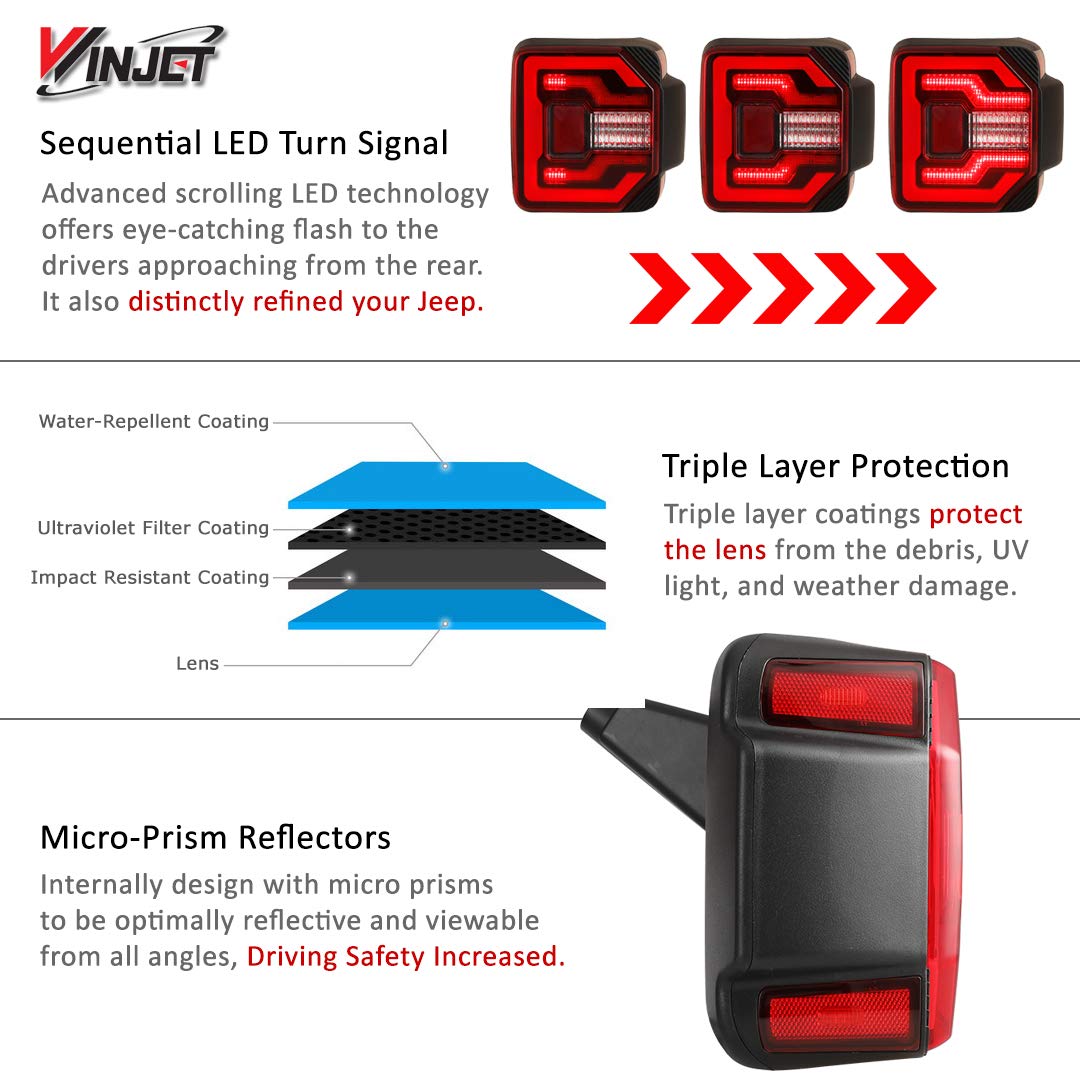 LED Tail Lights Winjet Compatible with Jeep [2018-2025 Jeep Wrangler JL] & [2021-2025 Jeep Wrangler 4XE Plugin] LED Sequential Tail Lights (Red)