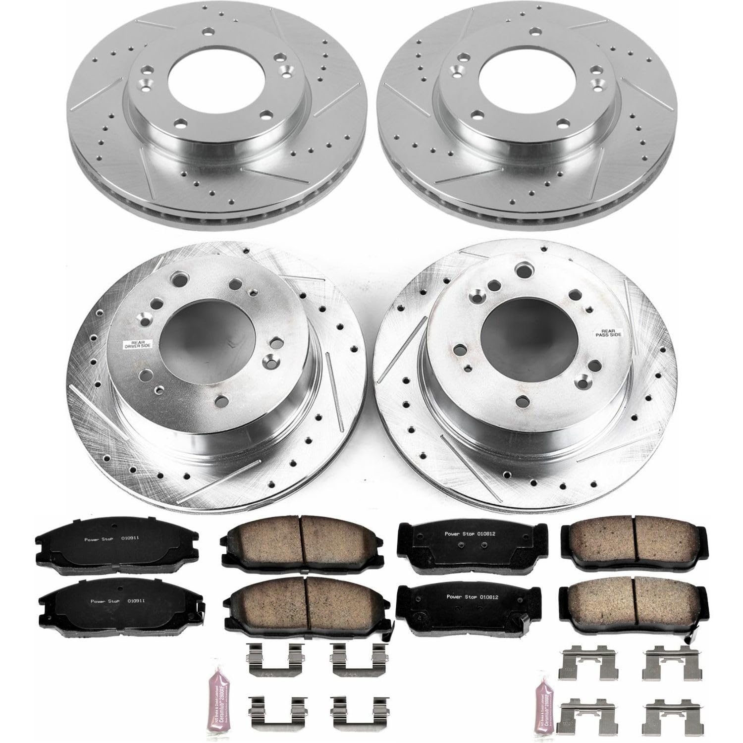 Power Stop K5909 Z23 Carbon Fiber Brake Pads Front and Rear with Drilled & Slotted Brake Rotors Kit For Kia Sorento 2007-2009 [Model Specific]