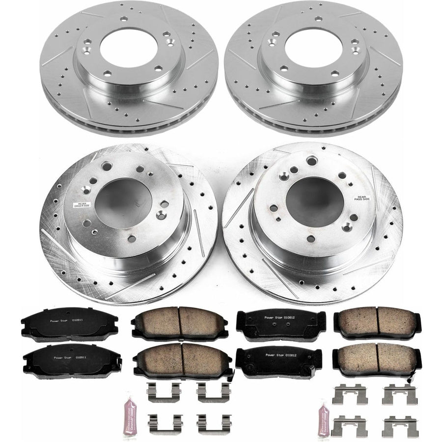 Power Stop K5909 Z23 Carbon Fiber Brake Pads Front and Rear with Drilled & Slotted Brake Rotors Kit For Kia Sorento 2007-2009 [Model Specific]