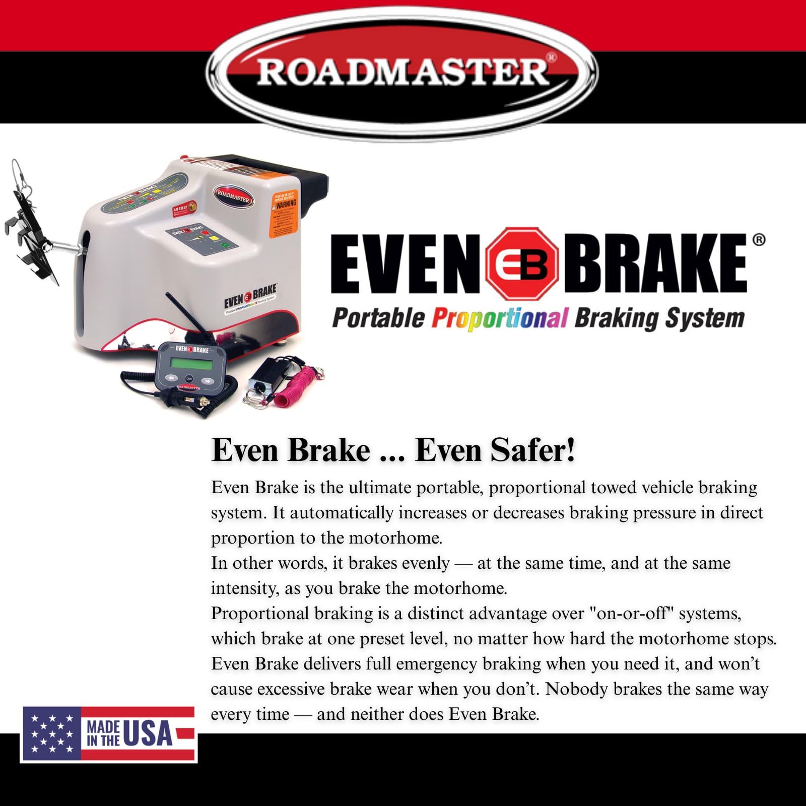 Even Brake Support Roadmaster 9400 Braking System with LED Monitor and Breakaway Emergency Braking System fits Any Towed Vehicle | Easy Installation | Completely Portable | Made in the USA