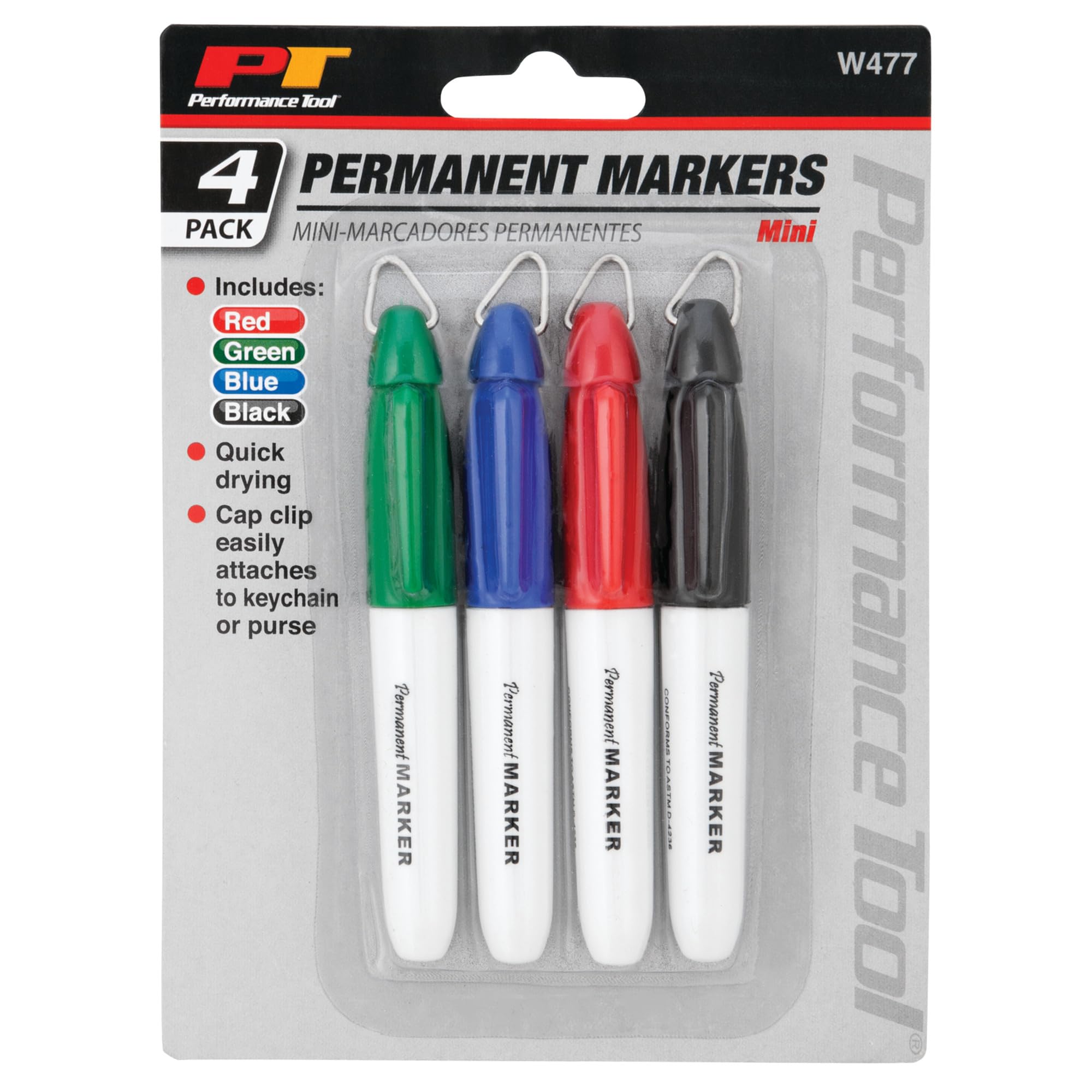 Multi-Color Performance Tool W477 Permanent Markers - Quick Drying, Non-Toxic, Keychain Attachment - Red, Green, Blue and Black Ink Included