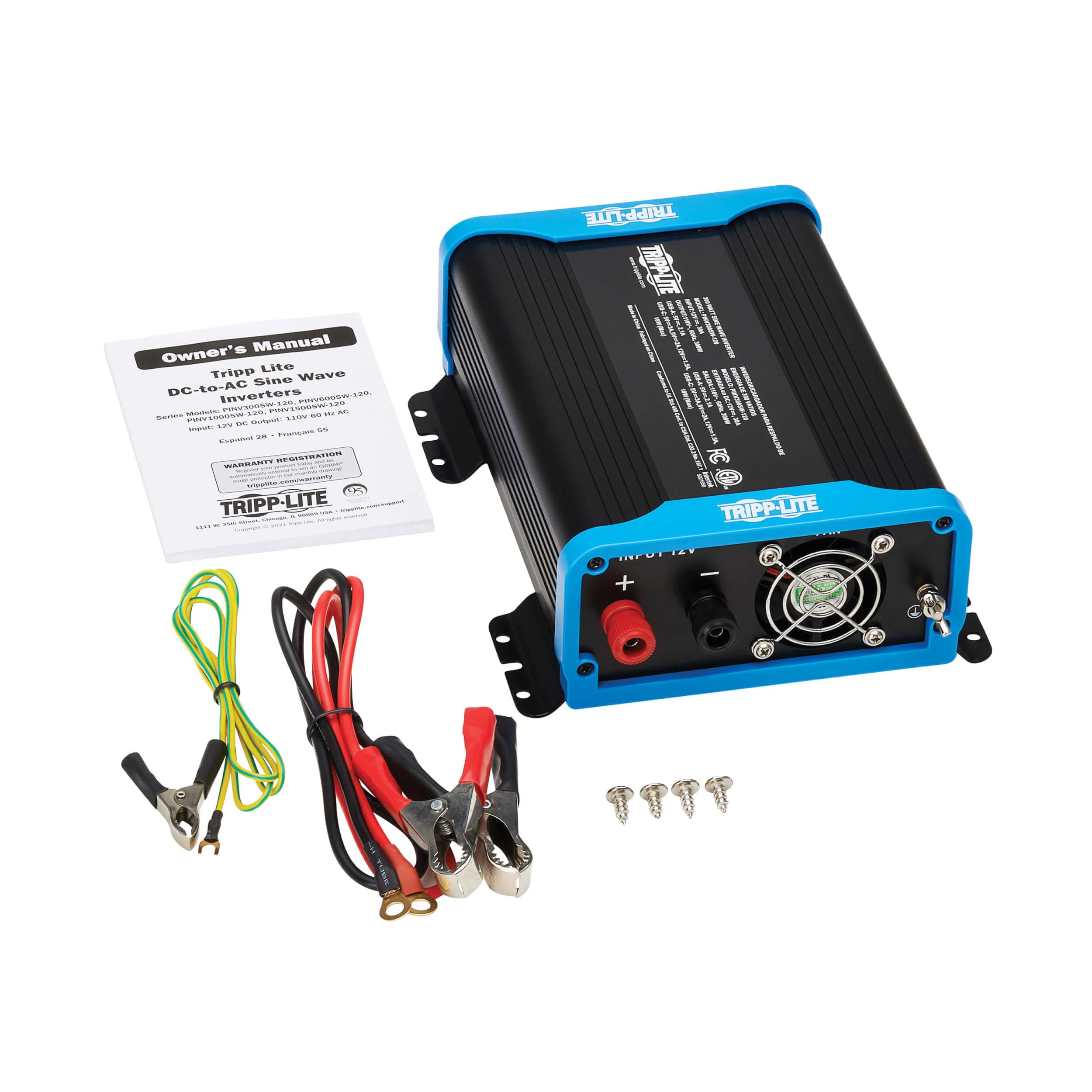 300W Tripp Lite Compact Pure Sine Wave Power Inverter, 2 Outlets, 1 USB + 1 USB-C Charging Ports, Mounting Brackets Included, 2-Year Warranty (PINV300SW-120)