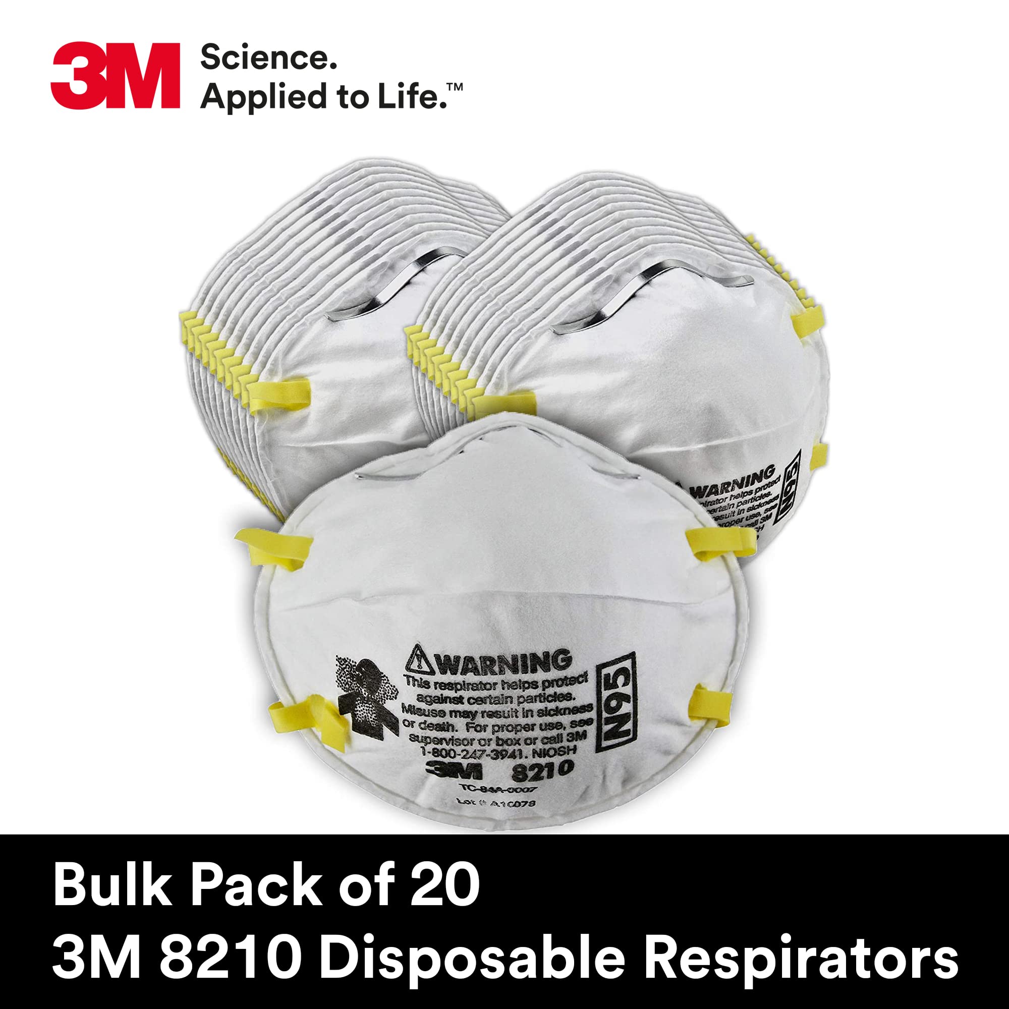 3M Particulate Respirator 8210, N95, Pack of 20 Disposable Respirator, NIOSH APPROVED, Two-Strap Cup Style Design, Lightweight with Cushioning Nose Foam