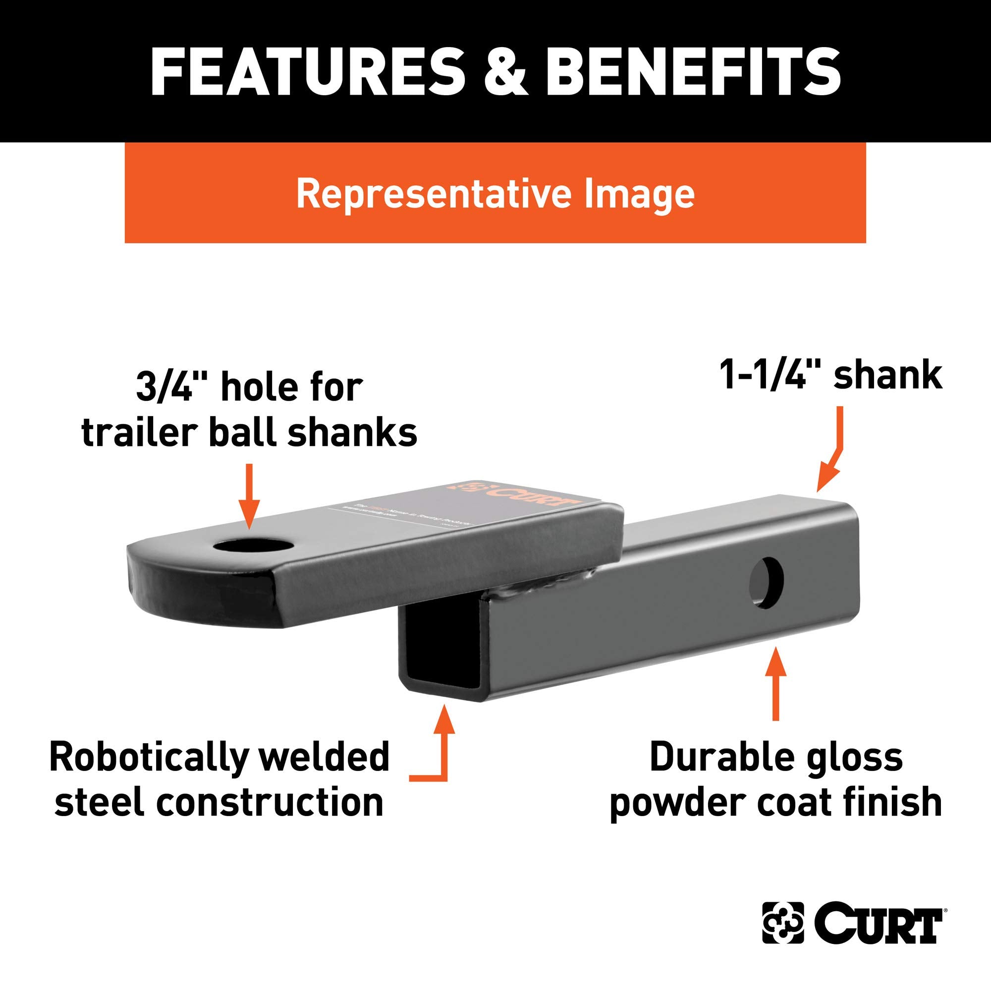 CURT 45019 Trailer Hitch Ball Mount Class 1, Fits 1-1/4-Inch Receiver, 2,000 lbs, 3/4-Inch Hole, 1-1/4-In Drop, 5/8-Inch Rise