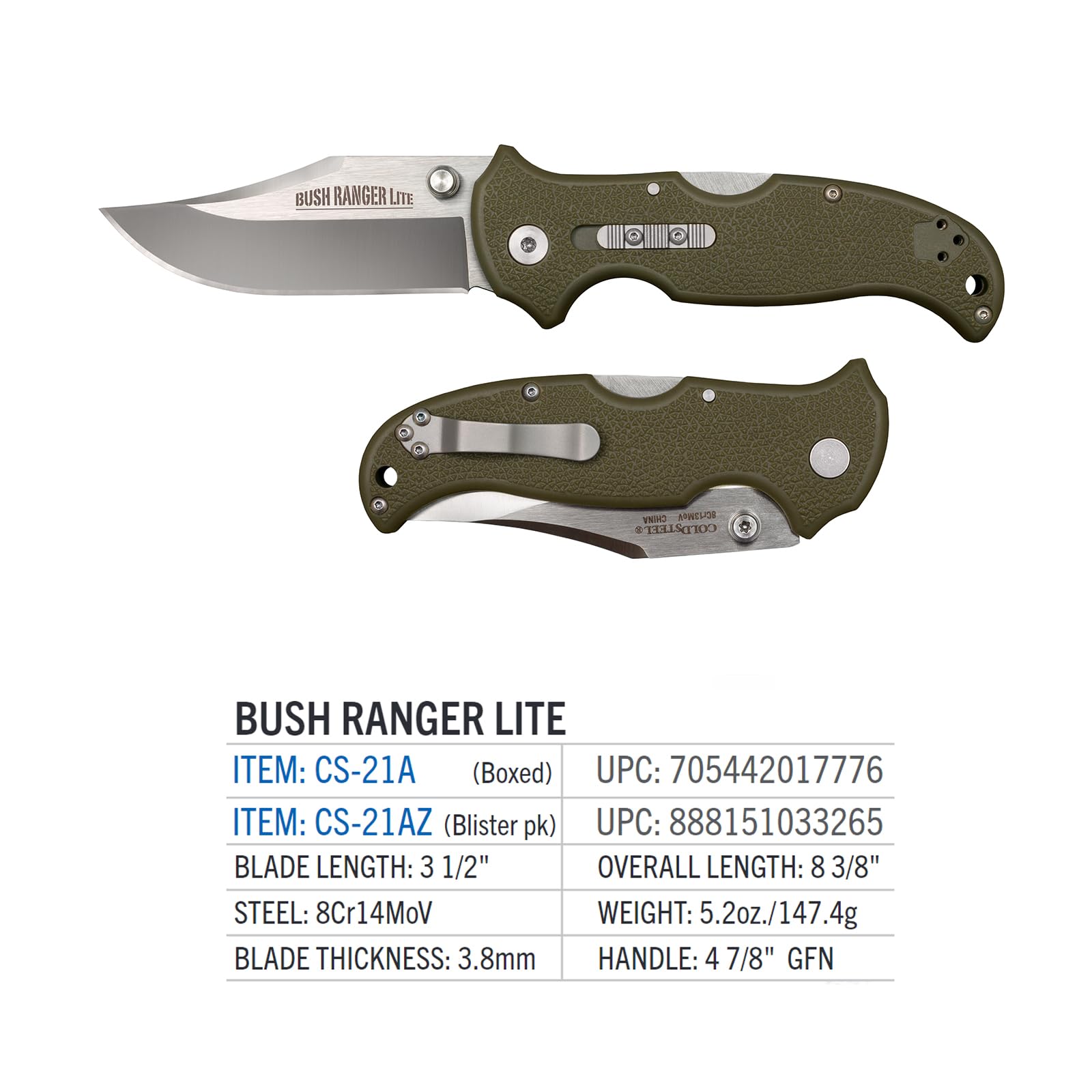 Bush Ranger Lite Cold Steel 3.5" 8Cr13MoV Blade 4.875" GFN Handle Everyday Carry Hunting Folding Knife w/Rocker Lock - Boxed