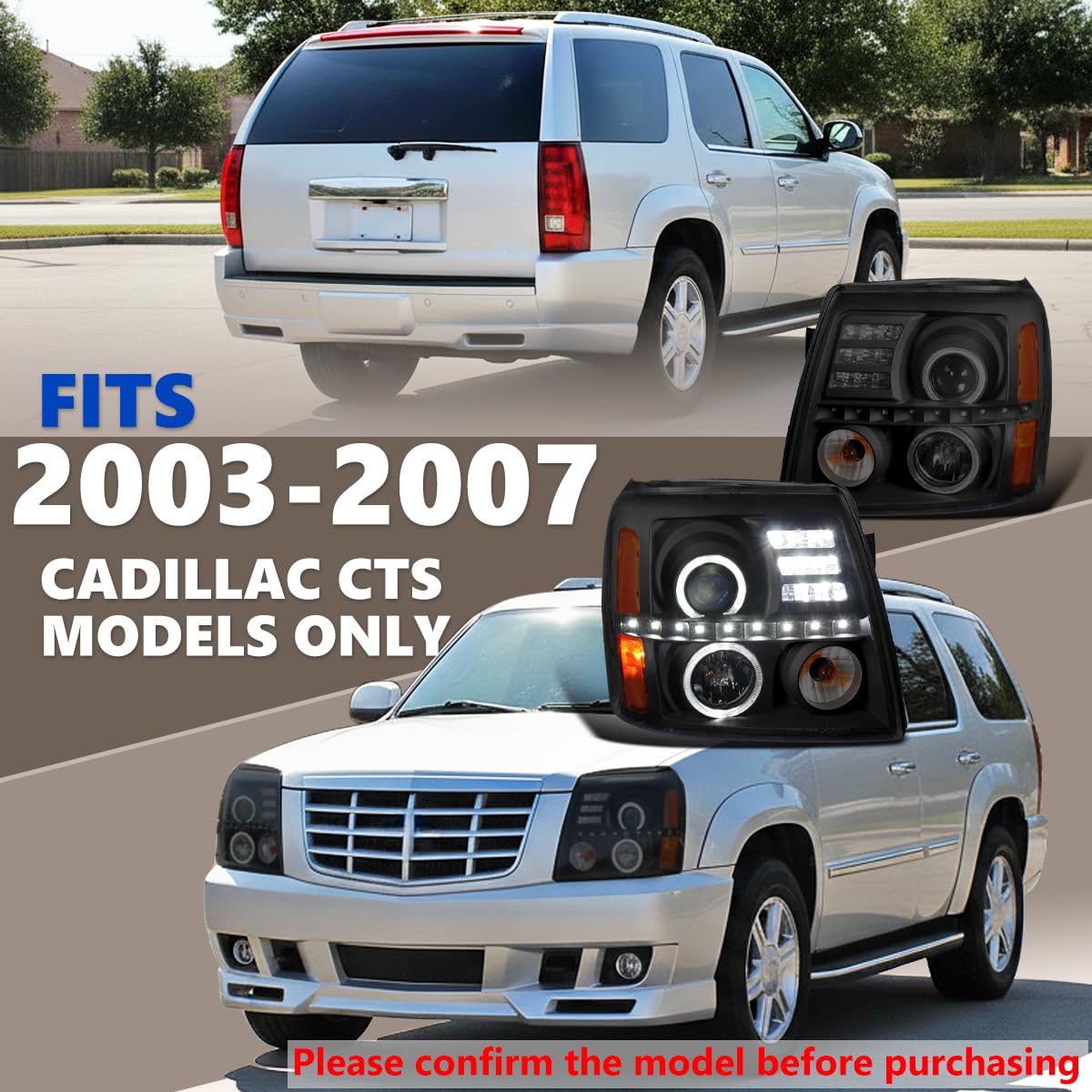 Black Smoke Halo Projector Headlights SPEC-D TUNING w/LED Compatible with 2002-2006 Cadillac Escalade All, Left + Right Pair Headlamps Assembly