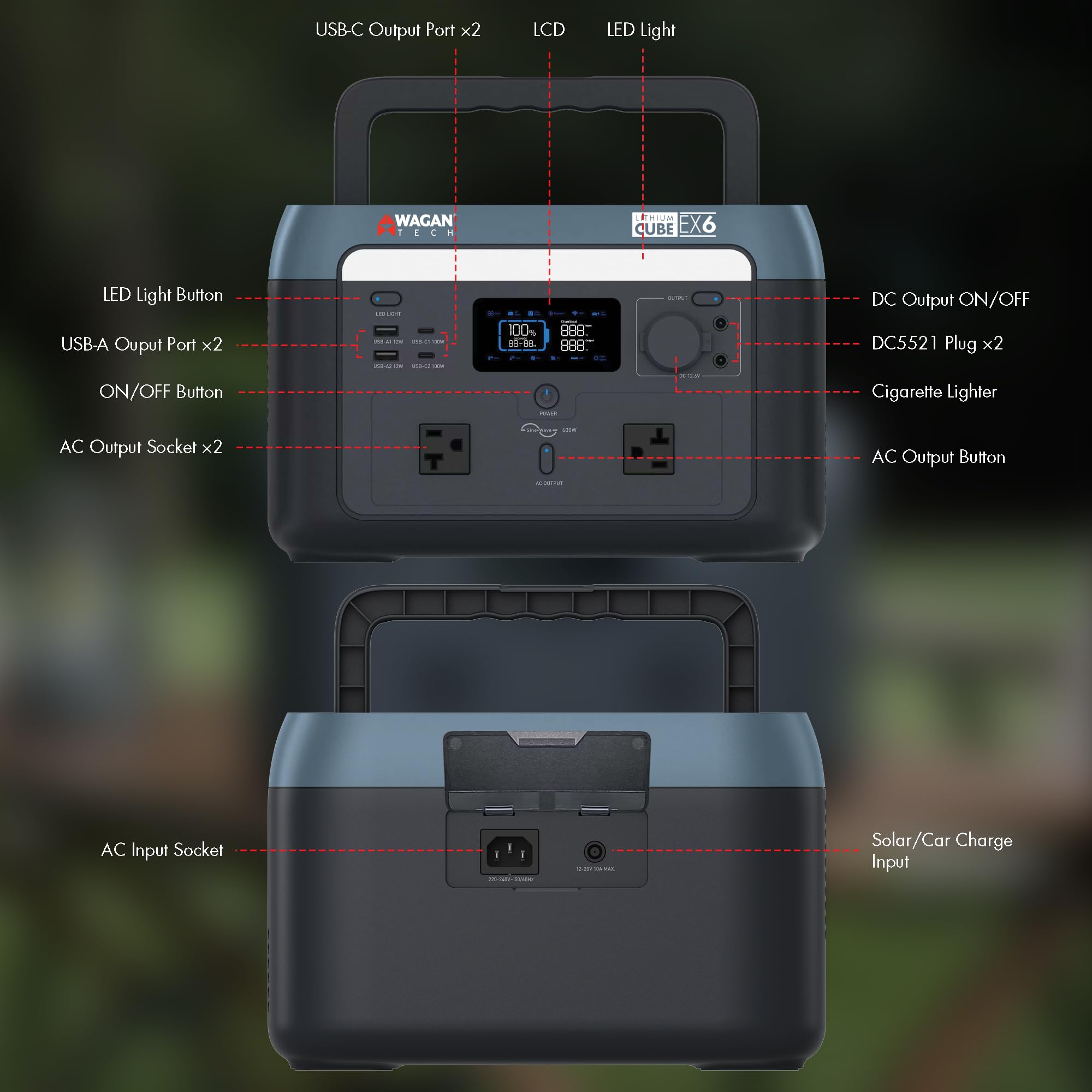 Wagan Portable Power Station EL8838 600W Lithium Cube Solar Generator 512Wh LiFePO4 Battery Fast Charge 600W 1000W peak AC/100W USB-C for Home Backup, Power Outages, Outdoor Camping, Off-grid
