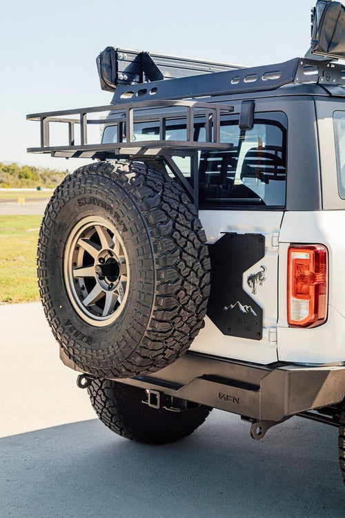 Allied Expedition TRIGGER 49001620 Spare Tire Relocation Kit and Trail Rack Cargo Basket Combo - Bracket, Reinforcement Plate w/Mountain Logo, and Third Brake Light Extension for Ford Bronco 2021+