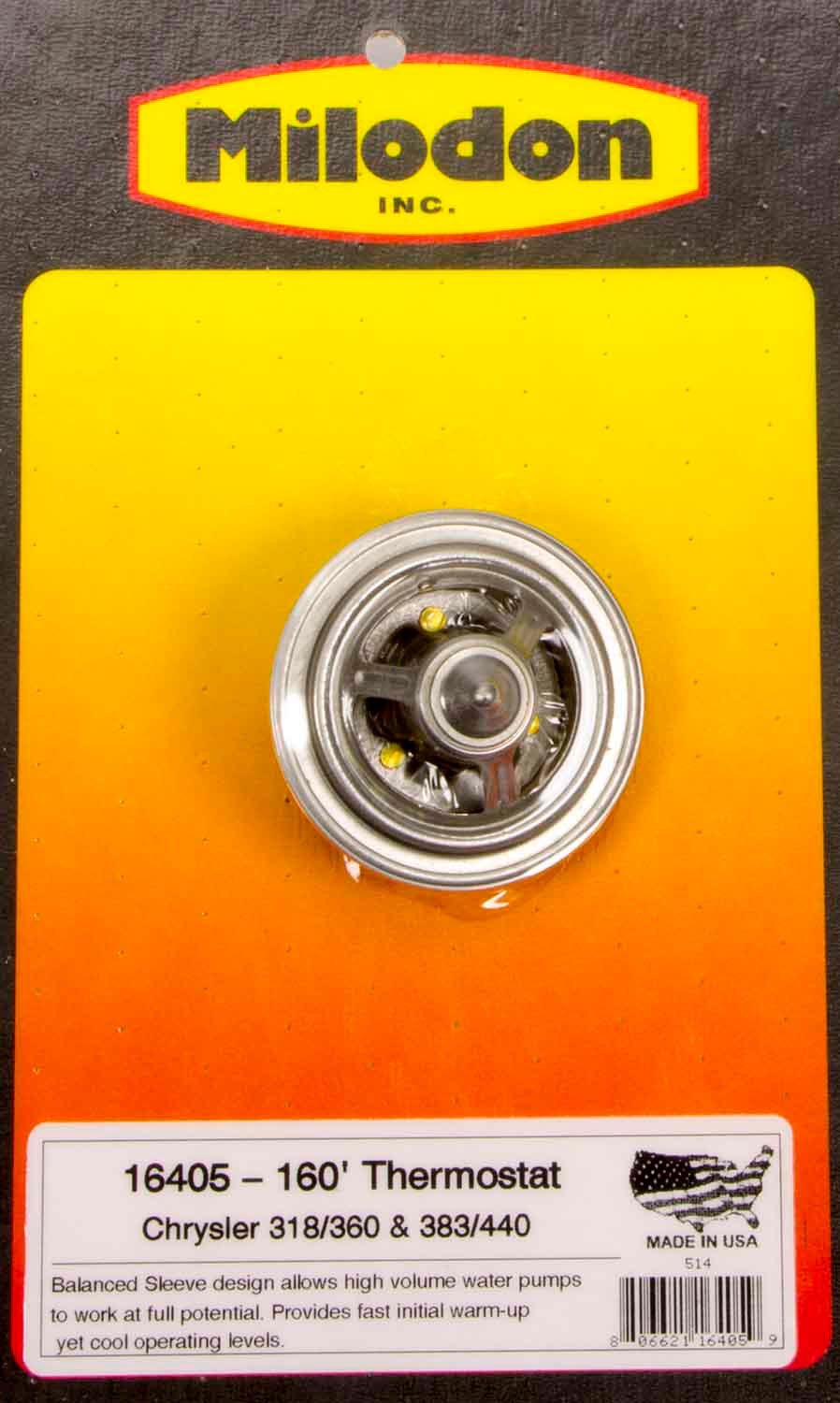 Milodon 16405 High Flow 160' Thermostat - Chrysler Small Block, Big Block, Slant 6