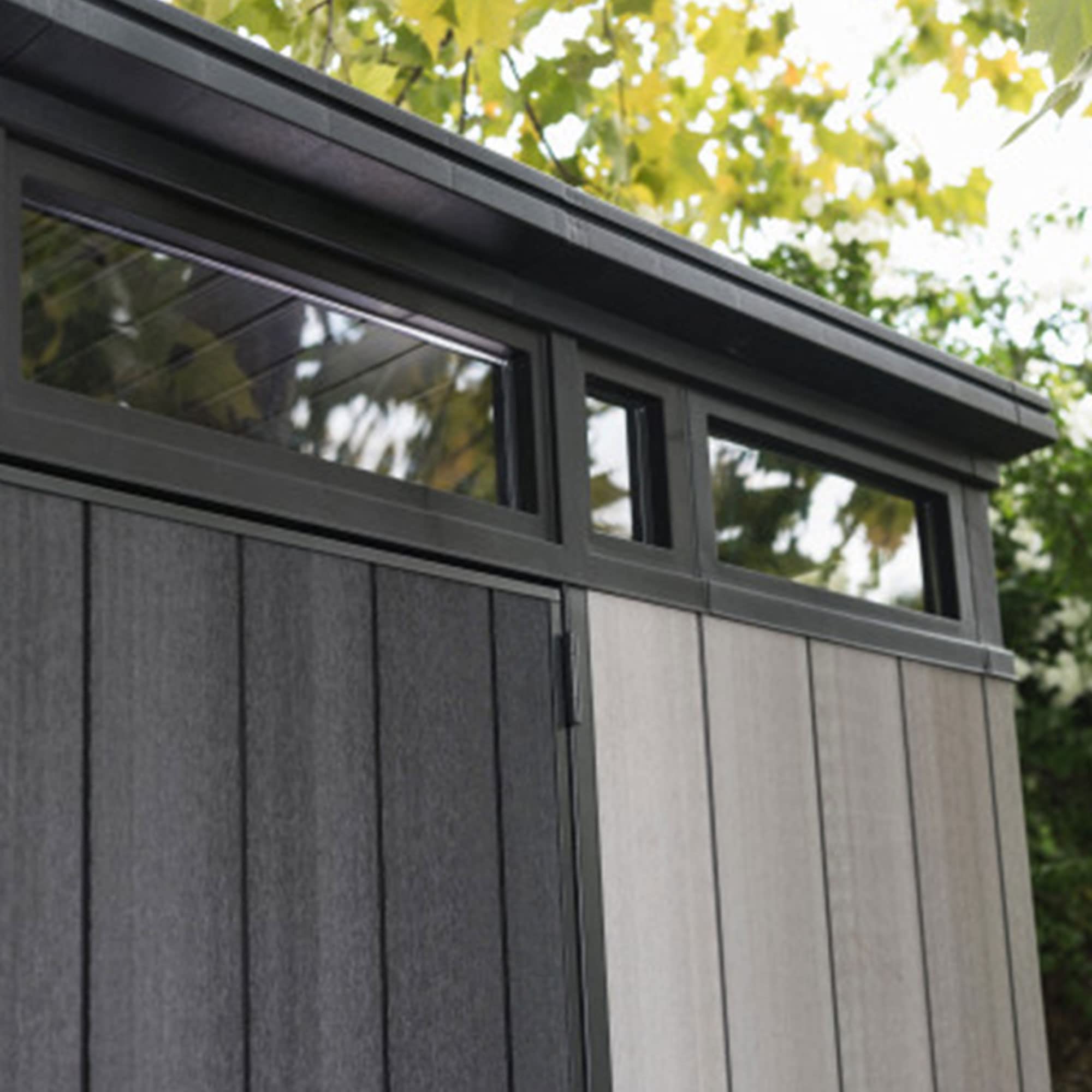 Artisan Keter 9x7 Foot Large Outdoor Shed with Floor with Modern Design for Patio Furniture, Lawn Mower, Tools, and Bike Storage, feet, Grey/Black