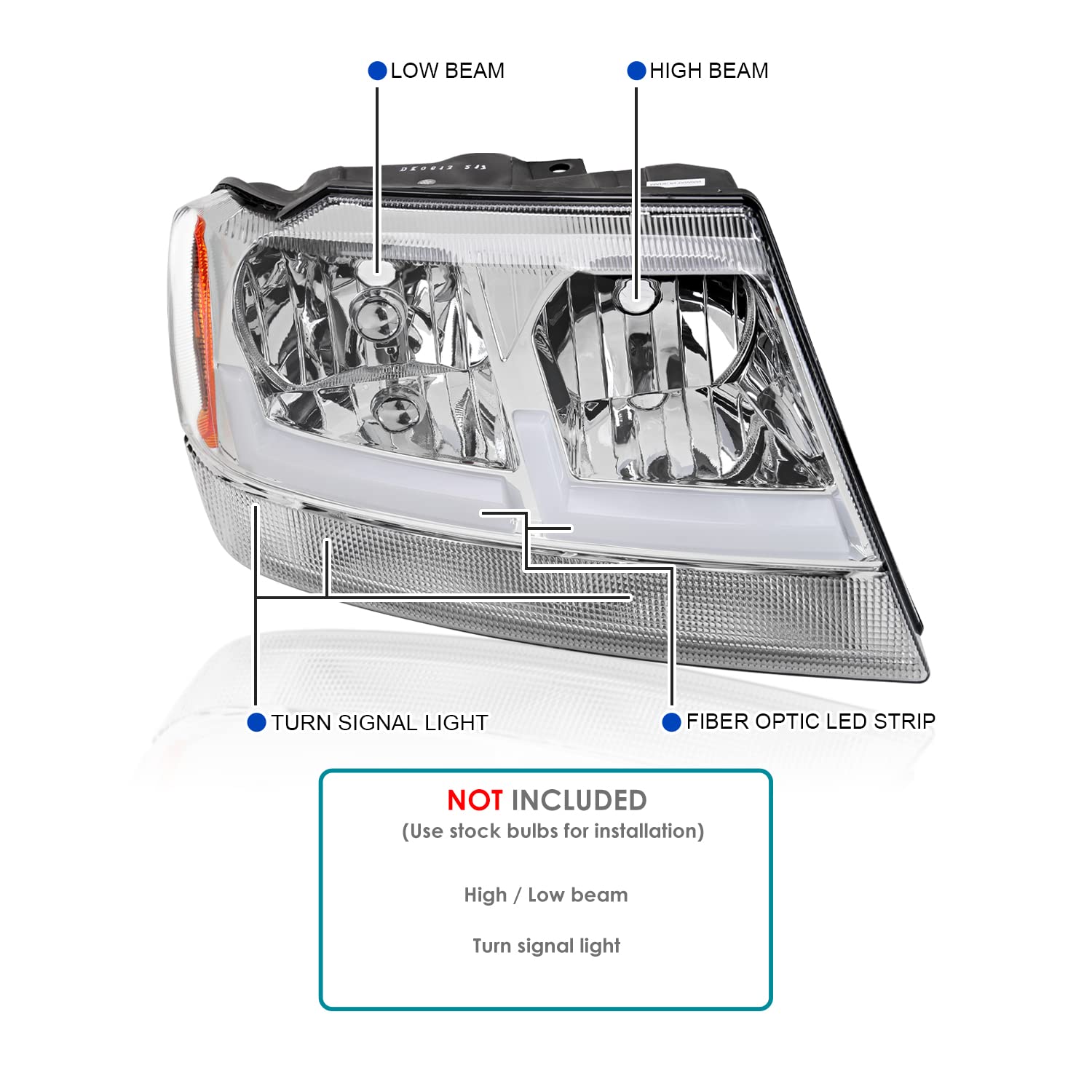 Chrome Headlights SPEC-D TUNING with Fiber Optic LED Strips Compatible with 1999-2004 Jeep Grand Cherokee, Left + Right Pair Headlamp Assembly