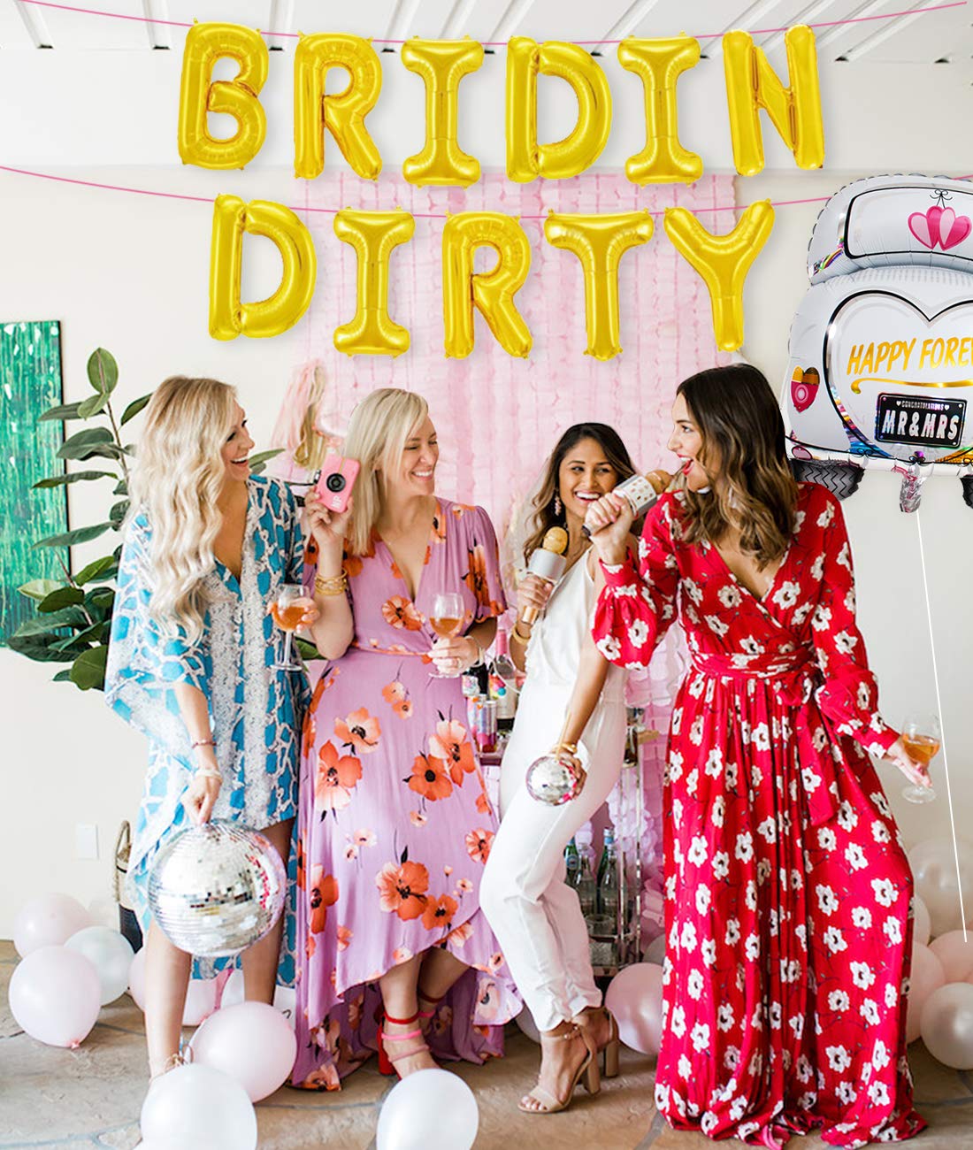 Gold Bridin Dirty Bachelorette Party Decorations Kit BRIDIN DIRTY Foil Balloon for Bachelorette Bridal Wedding Engagement Hen Party with Wedding Car Foil Balloon