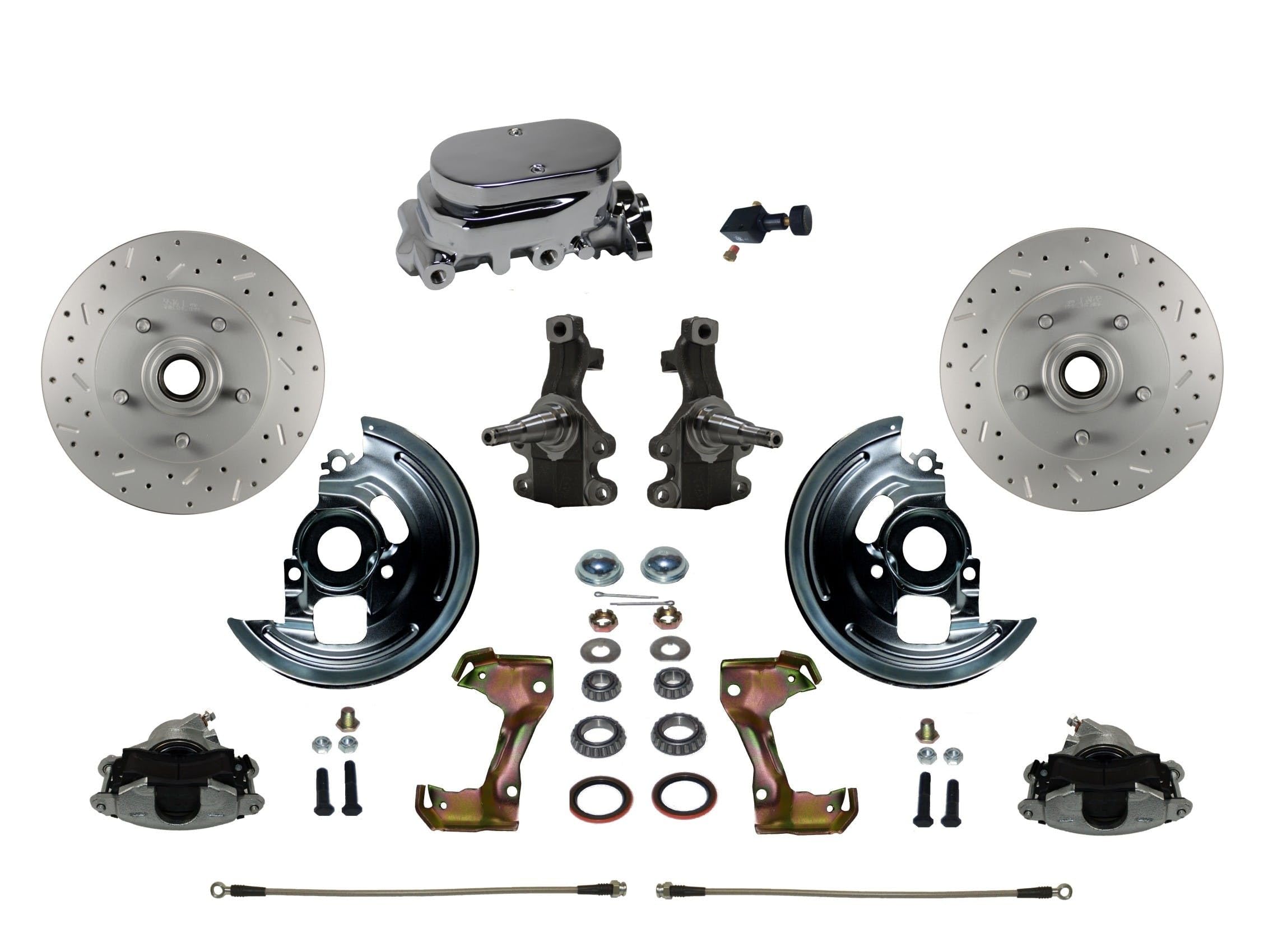 LEED BRAKES Front Disc Brake Conversion Manual 2" Drop Spindle Cross Drilled And Slotted With Cast Iron Chrome Top M/C Adjustable Proportioning Valve