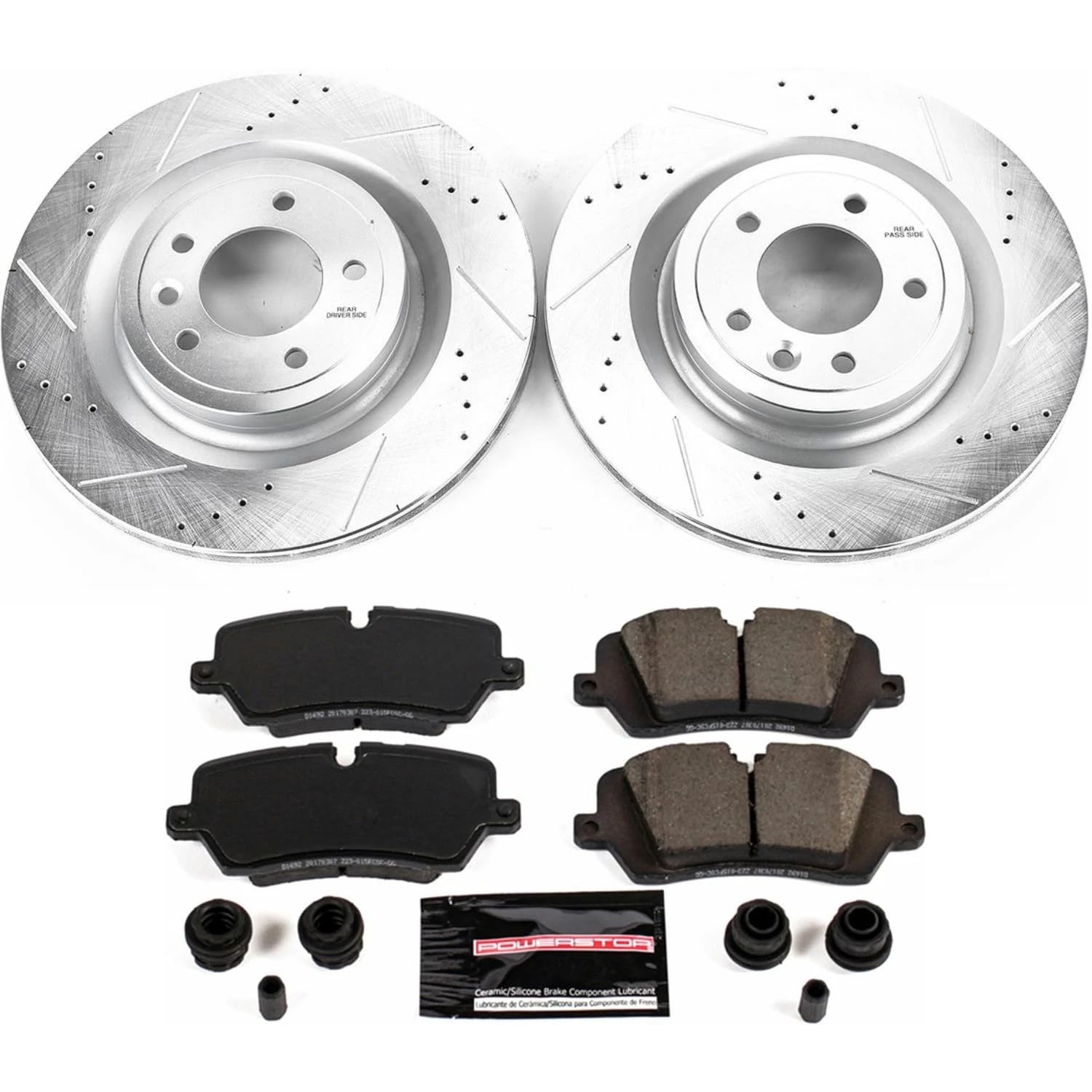 Power Stop K7174 Rear Z23 Brake Pads Carbon Fiber with Drilled & Slotted Brake Rotors Kit and 1 Rear Sensor Wire For Discov, Range Rover, Range Rover Sport [Model Specific]