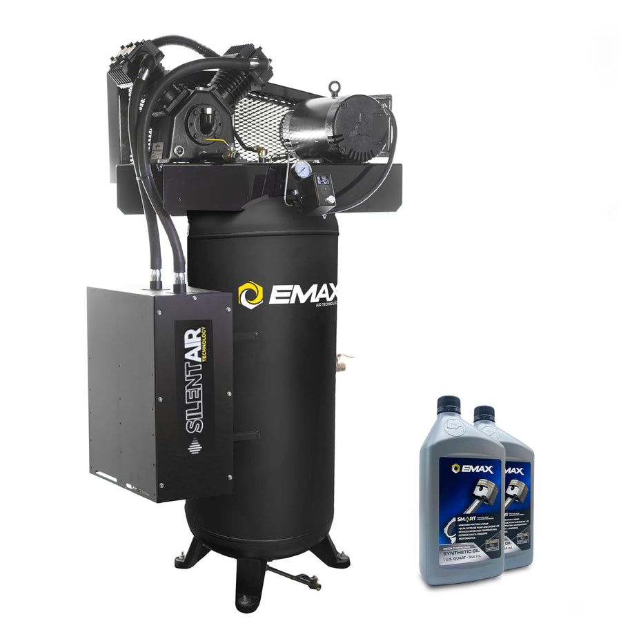 EMAX Air Silent Industrial Compressor - 5HP 60 Gal 19CFM Single Stage Vertical Compressor with Splash Lubricated Pump, Isolator Pads & Oil for First Change - Made in the USA - ESS05V060V1