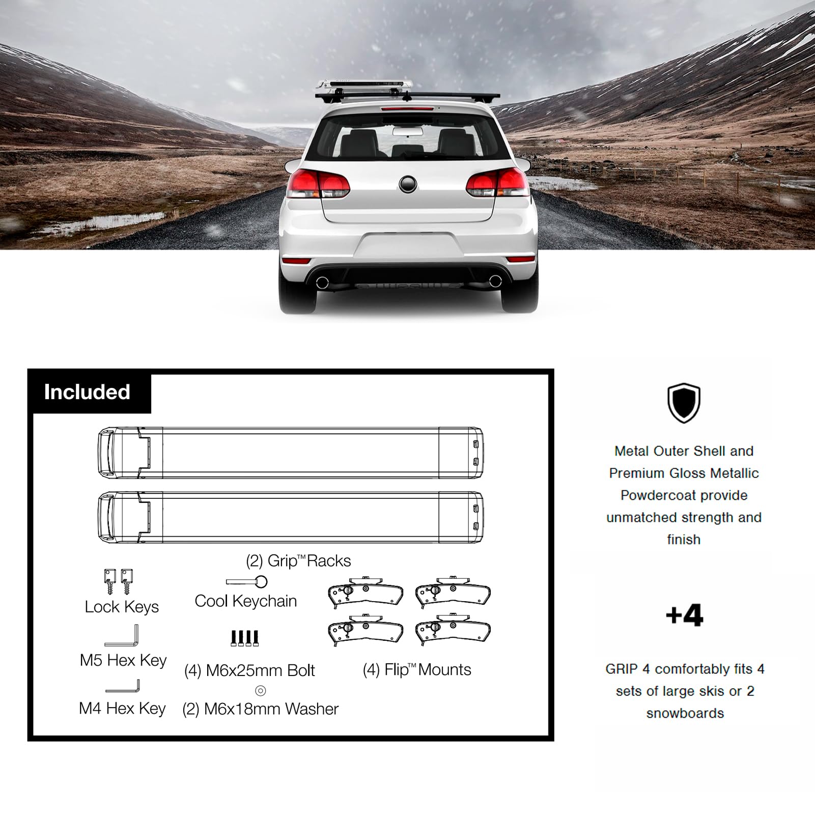 Grip 4 KUAT Durable Universal Car SUV Rooftop Crossbars Mounted Winter Sports Gear Hauling Transportation Slide-Out Locking Clamshell Rack, Fits 6 Skis/4 Snowboards - Gray with Orange Anodize