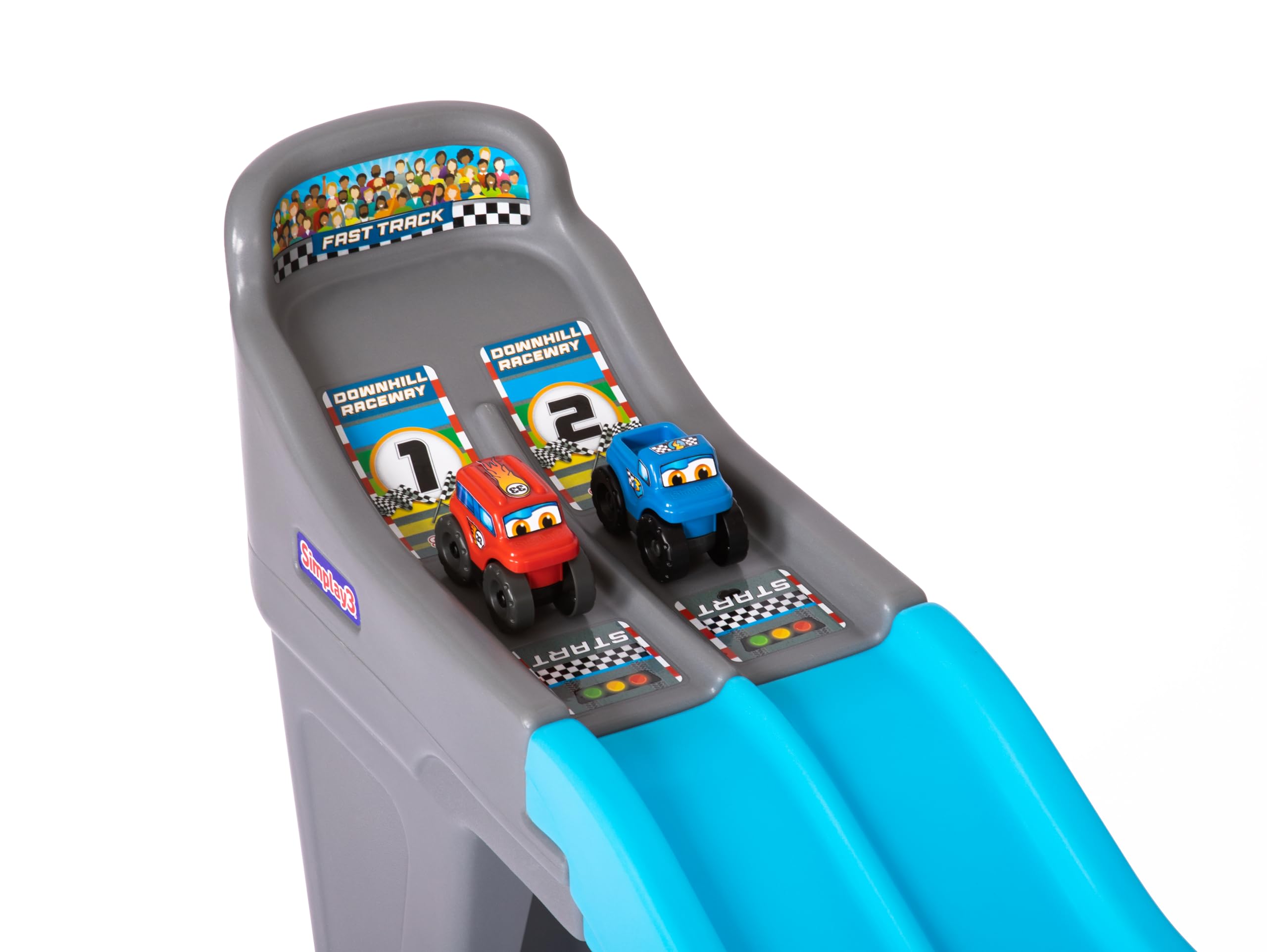 Simplay3 Downhill Raceway Fast Track, Dual Racetrack for Kids Cars for Toddlers, 2 Toy Race Cars Included, Made in USA