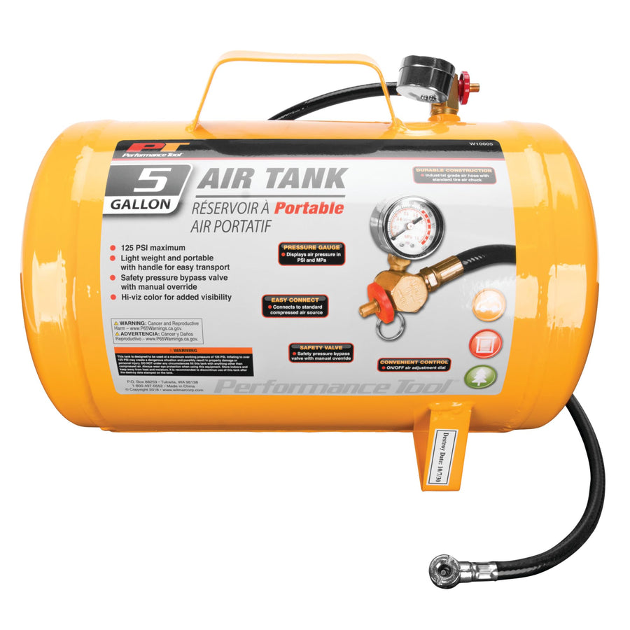 Hi-viz Performance Tool W10005 5-Gallon Horizontal Portable Air Tank With Tire Air Chuck, Yellow