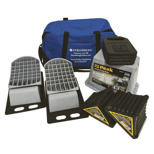 Stromberg Carlson Leveler Kit Travel Trailer - One Base Pad Peak for Tongue Jack, Two Rubber Wheel Chocks, Two Levelers for RV Campers, Two Anti-Slip Mats for Levelers, Four Base Pads and Storage Bag
