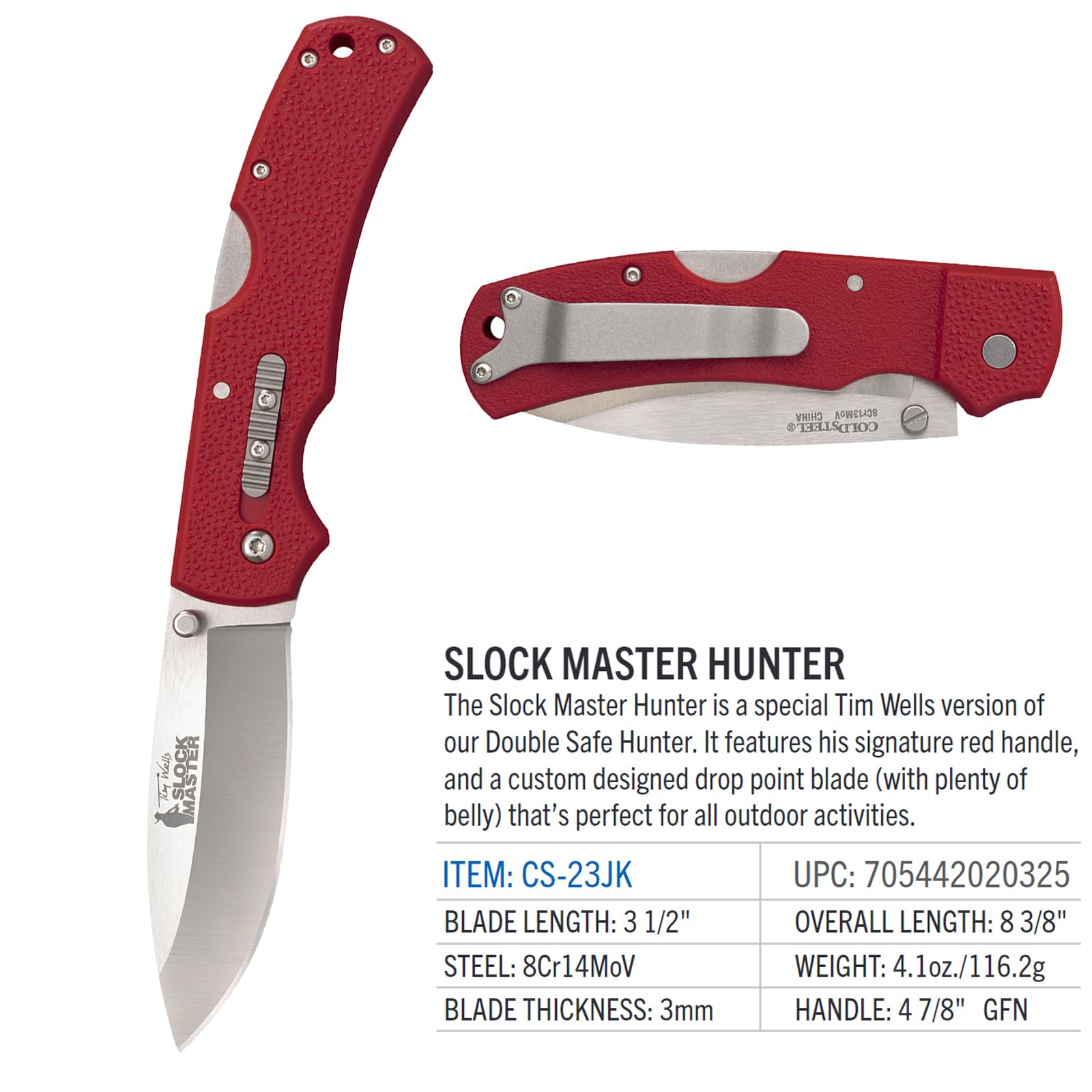 Cold Steel Slock Master Double Safe Hunter 3.5" 8Cr13MoV Drop Point Blade 4.875" GFN Handle Hunting Folding Knife w/Rocker Lock
