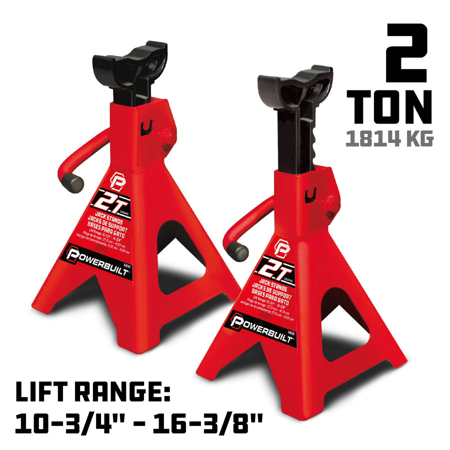 2 Ton Powerbuilt Ratchet Jack Stand Pair, 4000 Pound 2-Piece Heavy Duty Steel Stands, Wide Angle Stability, Adjustable Height - Red 640399