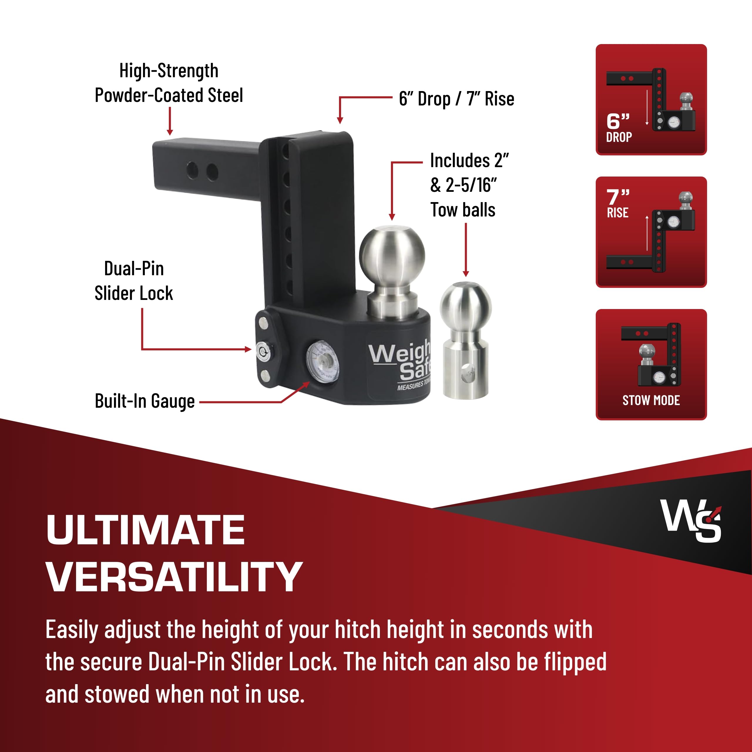 Weigh Safe Drop Hitch Steel - Adjustable Trailer Hitch with Ball Mount - Designed for 2" Receivers - Includes 2 Tow Balls - 6" Drop, 15,000 GTW, 2-Piece Lock Set