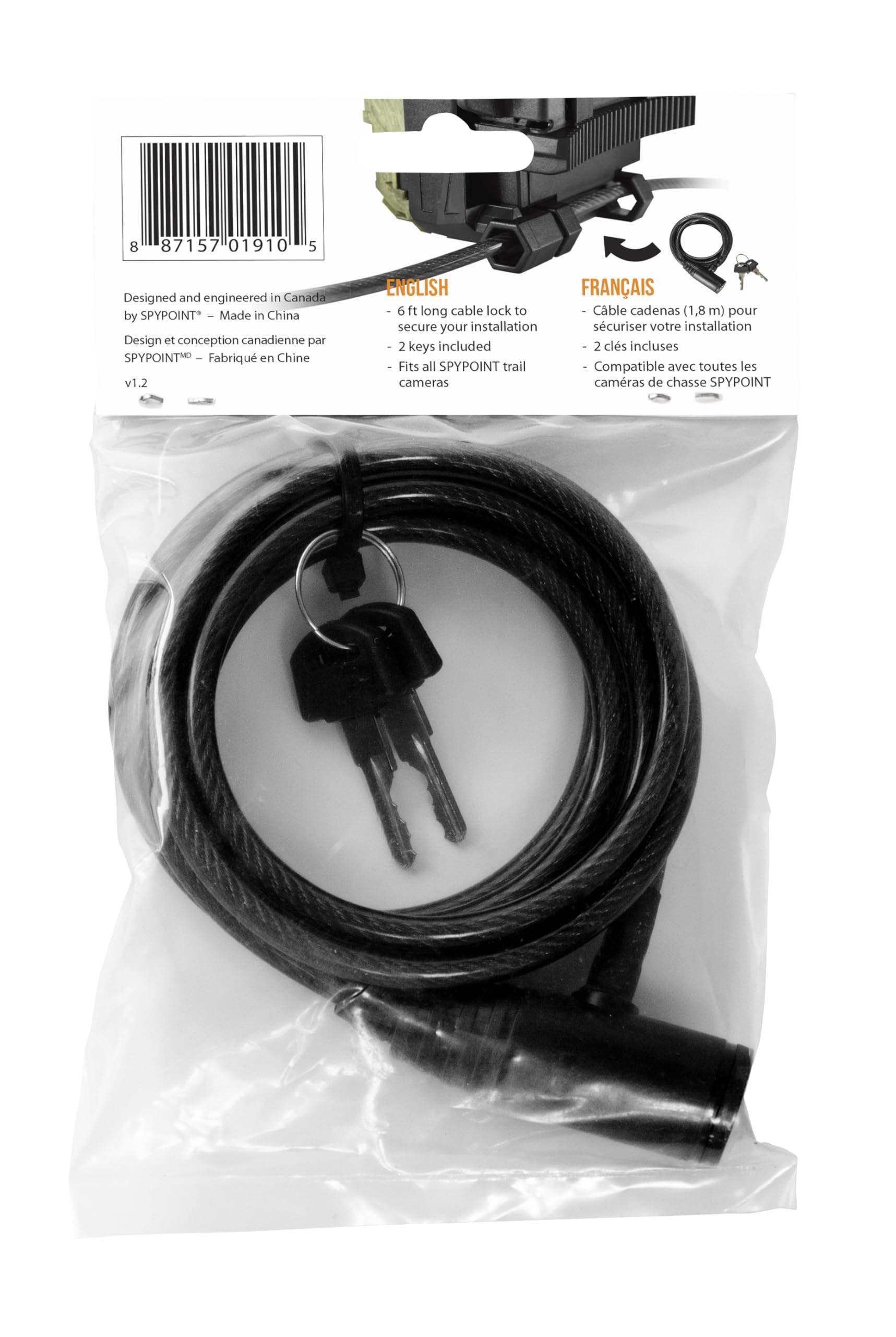 Spypoint Six-Foot Long CLM-6FT Trail Camera Coated Cable Lock Steel Cable Lock for securing Scouting Cameras Fits Most Trees and All Cameras Comes with Two Keys