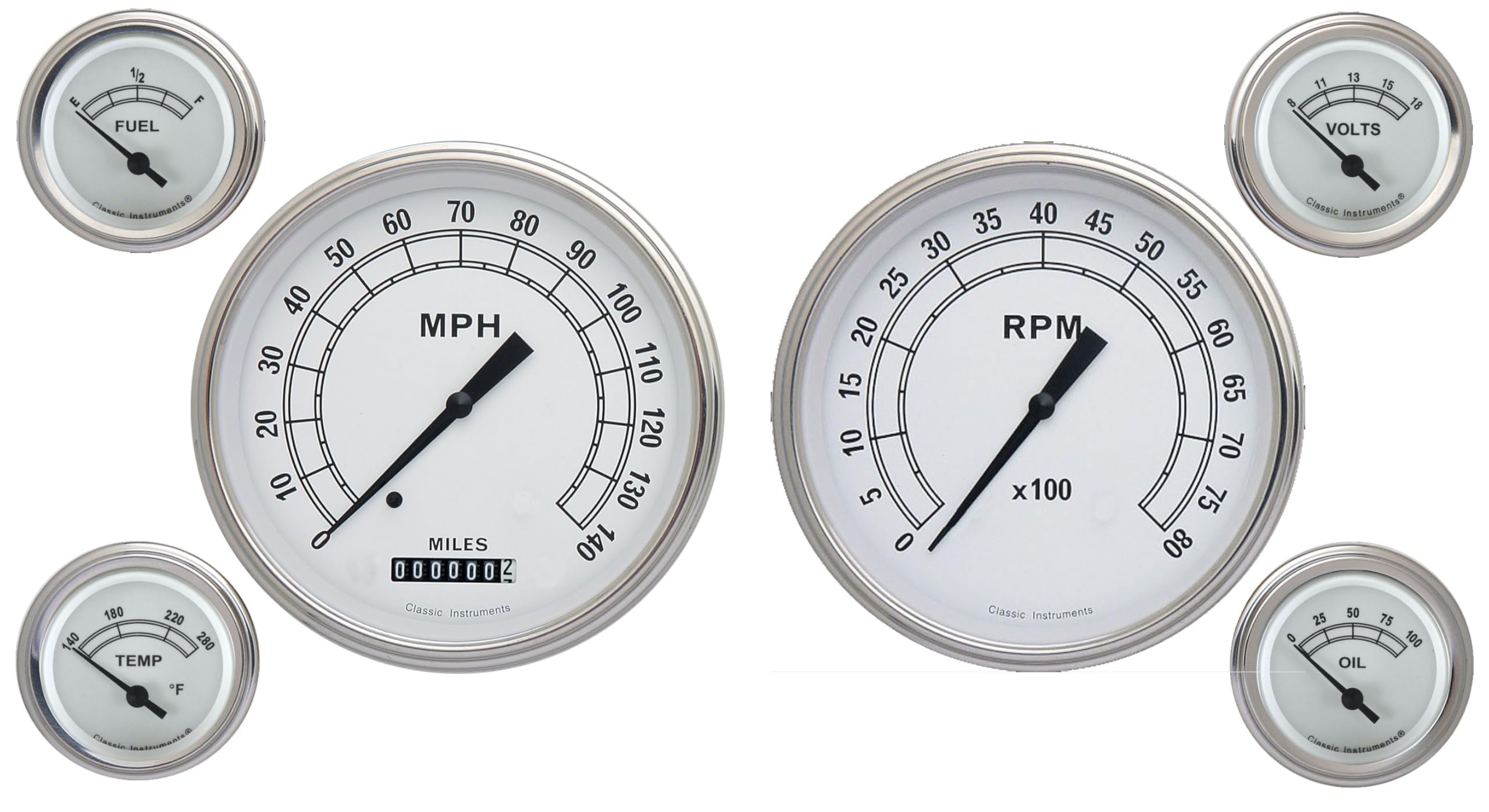 Classic Instruments Classic White 4 5/8" Speedometer 4 5/8" Tach 2-1/8" Fuel Oil Temp Volt Gauges-G
