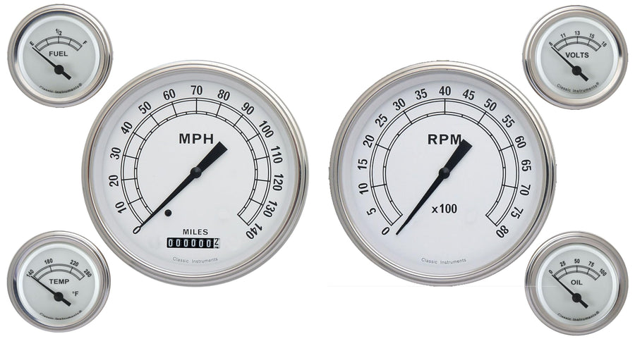 Classic Instruments Classic White 4 5/8" Speedometer 4 5/8" Tach 2-1/8" Fuel Oil Temp Volt Gauges-G