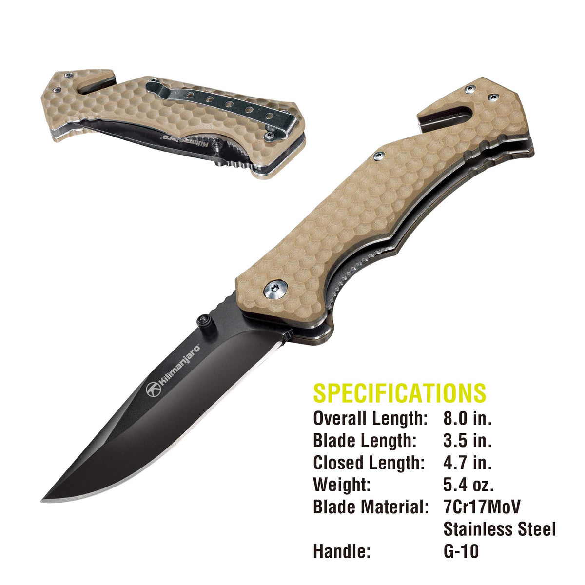 Kilimanjaro Folding Knife UTAC, Drop Pt. Black Satin Blade, Tan, One Size