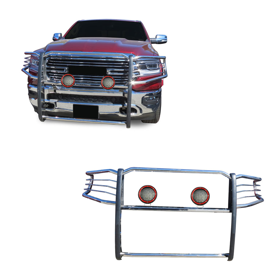 Bumper Guard Black Horse Grille Modular Stainless Steel Come with Pair of 5.3" Dia.LED Lights with Red Trim Rings Compatible with 2019-2024 Ram 1500-17DG111MSS-PLFR