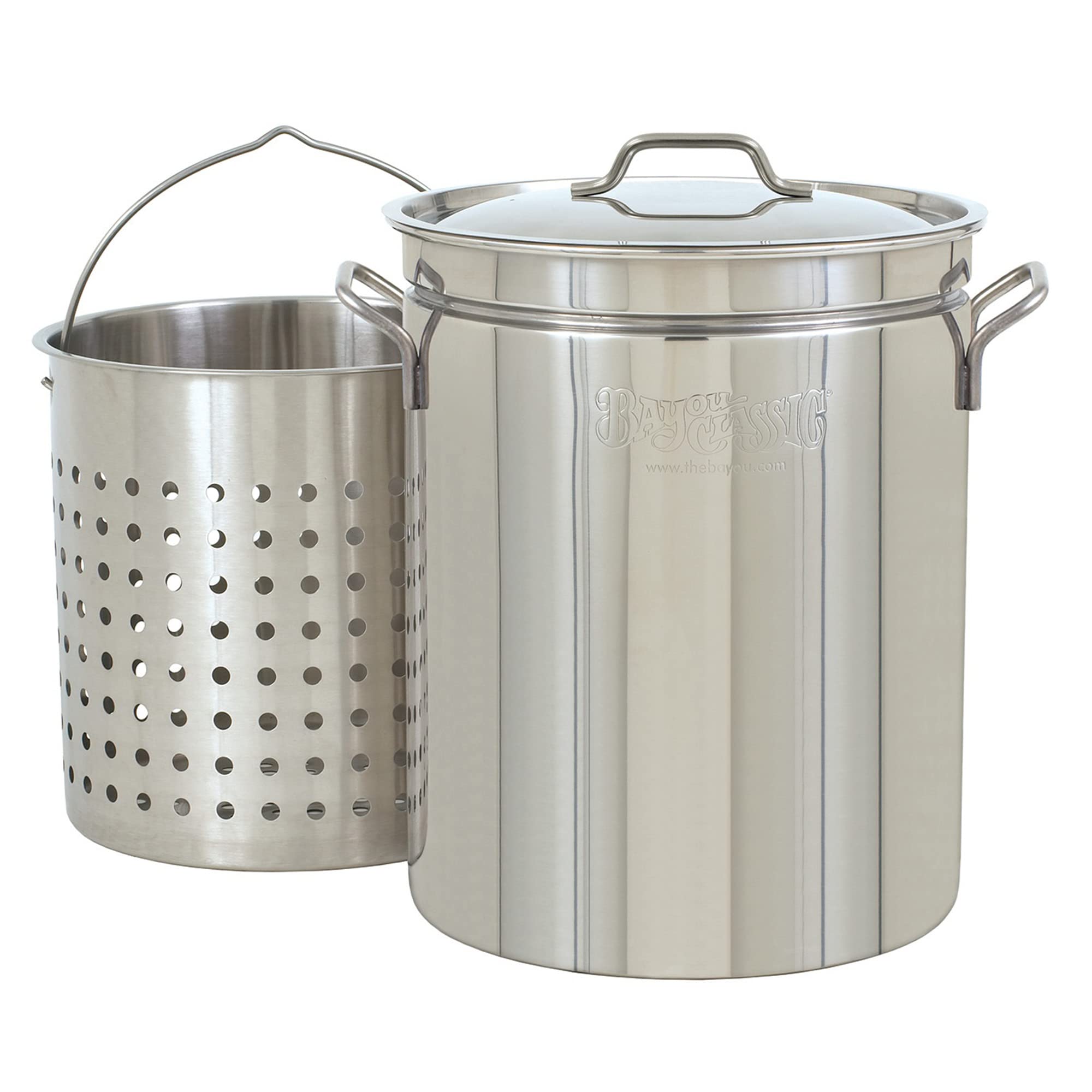 Bayou Classic 44-qt Stainless Stockpot w/Basket Features Heavy Welded Handles Domed Vented Lid Perforated Stainless Basket Perfect For Low Country Boils Steaming Gumbo and Stews