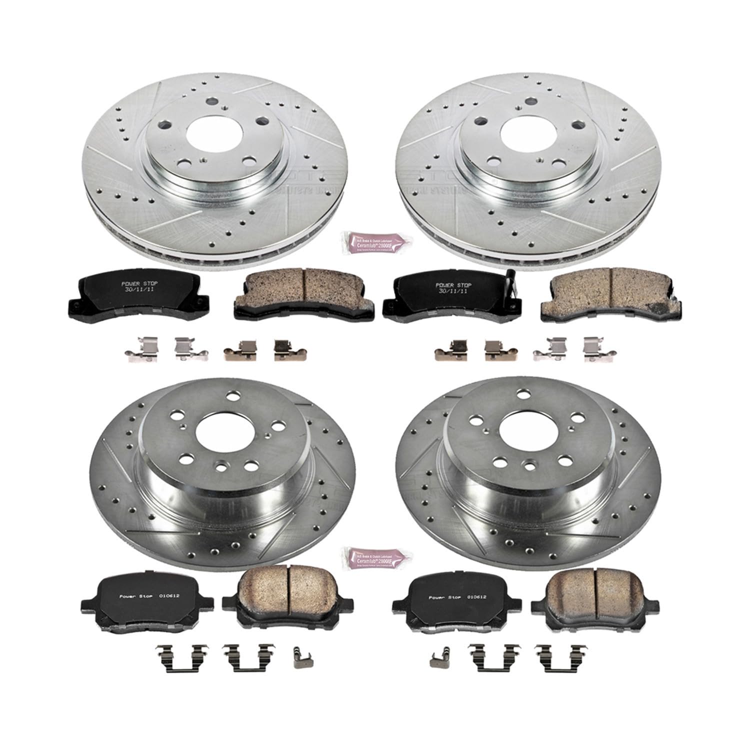 Power Stop K6782 Z23 Carbon Fiber Brake Pads Front and Rear with Drilled & Slotted Brake Rotors Kit For Lexus RX300 1999-2001 [Model Specific]